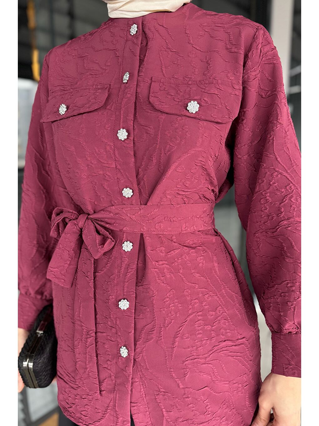 Pembe Kadın Kabartma Desenli Kuşak Detaylı Tesettür Gömlek Tunik-4