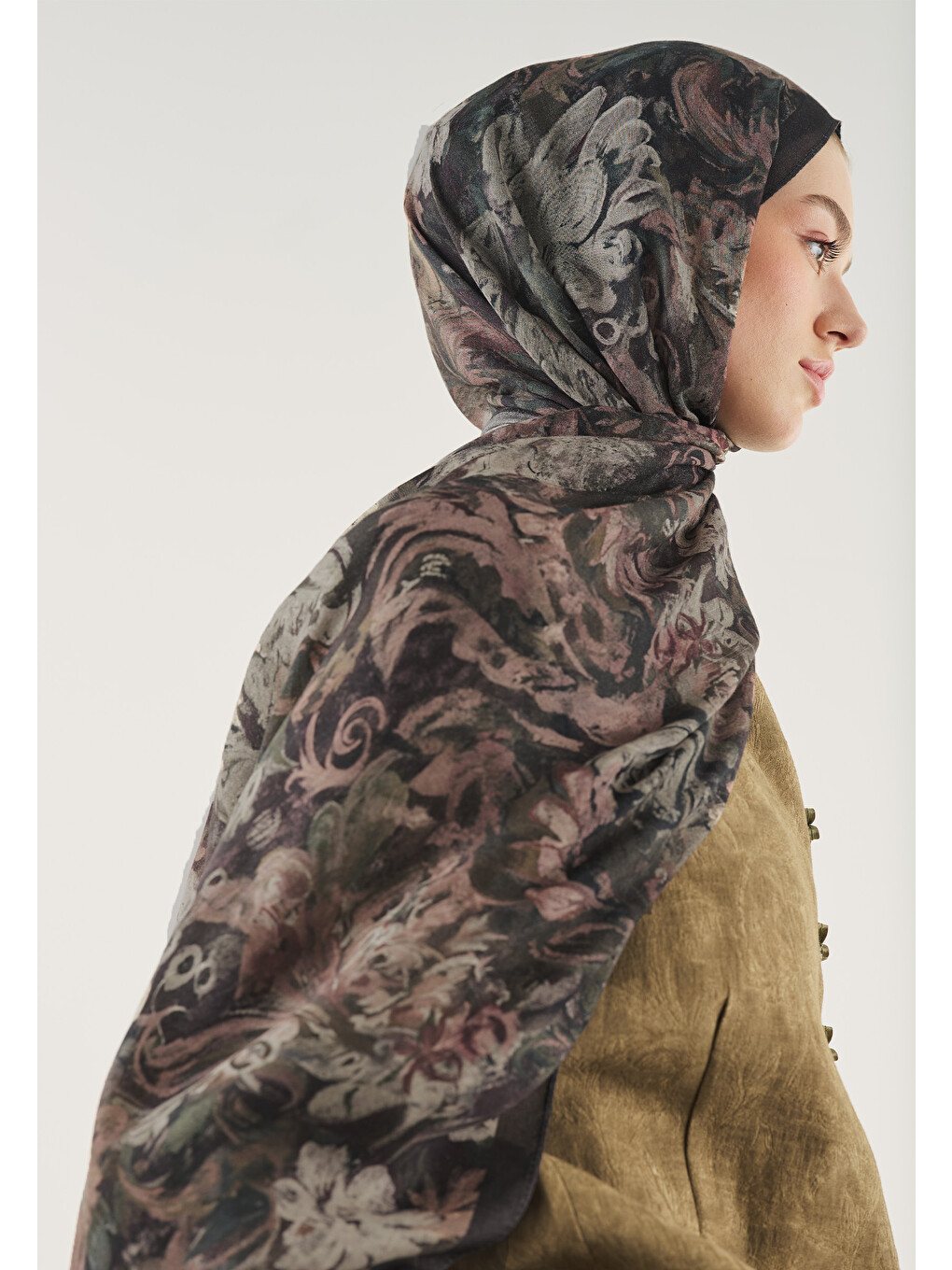 Floral Legacy Desen Soft Viskon Şal Antrasit-3