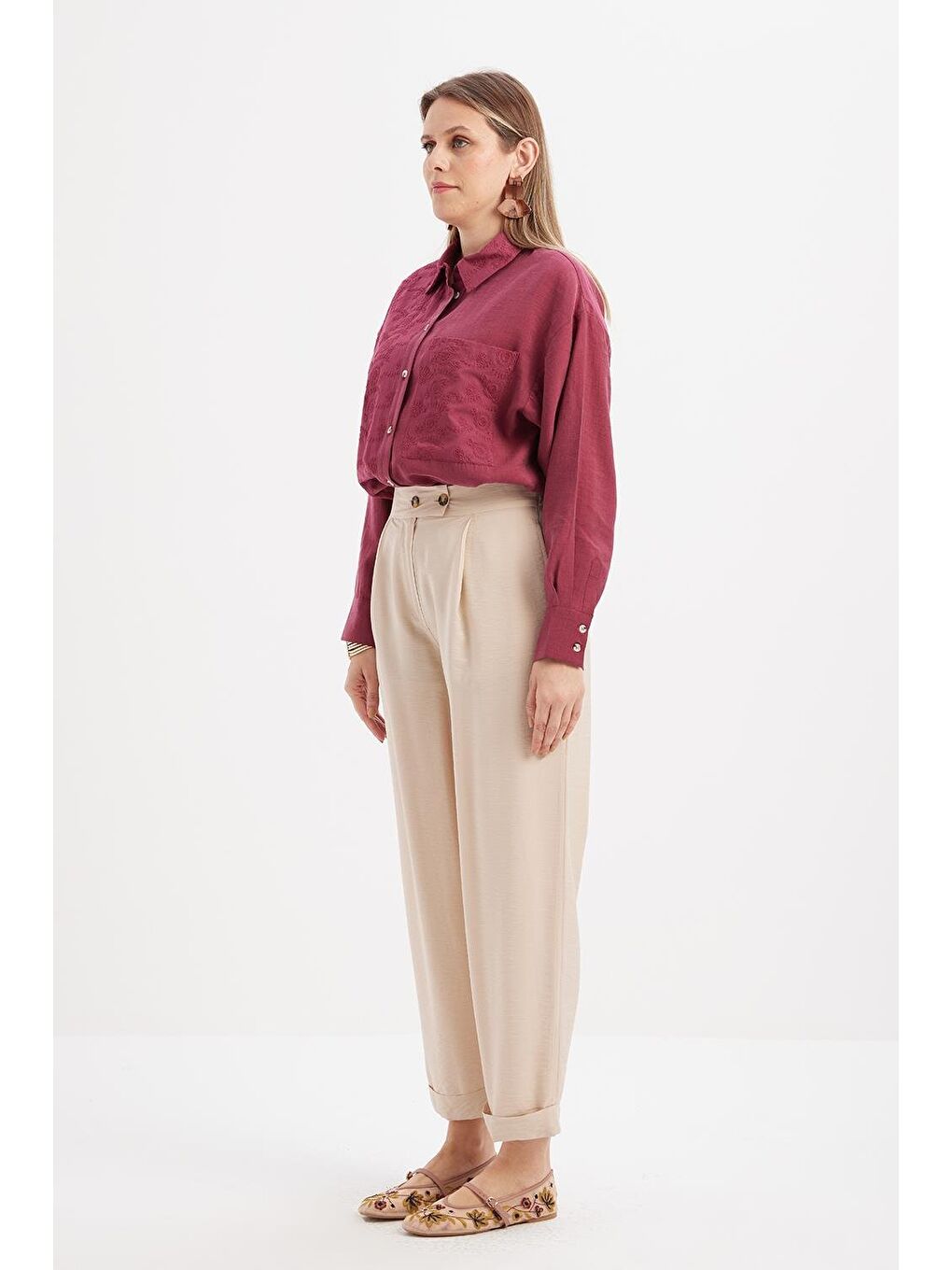 Bej-Beli Lastikli Cepli Pantolon-2