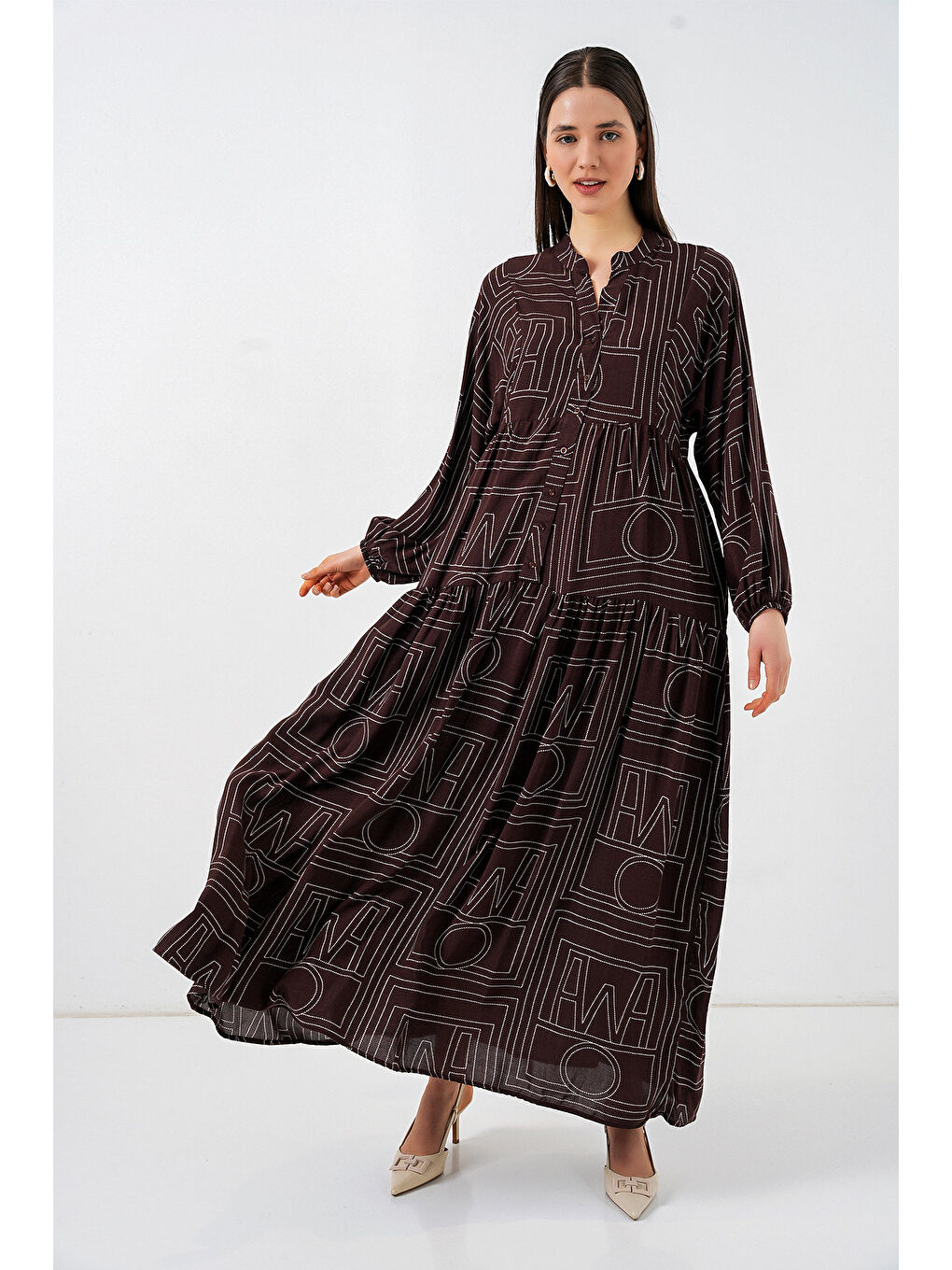 Kahverengi Kadın Desenli Uzun Tesettür Elbise 2585 - Y.Kahve-1