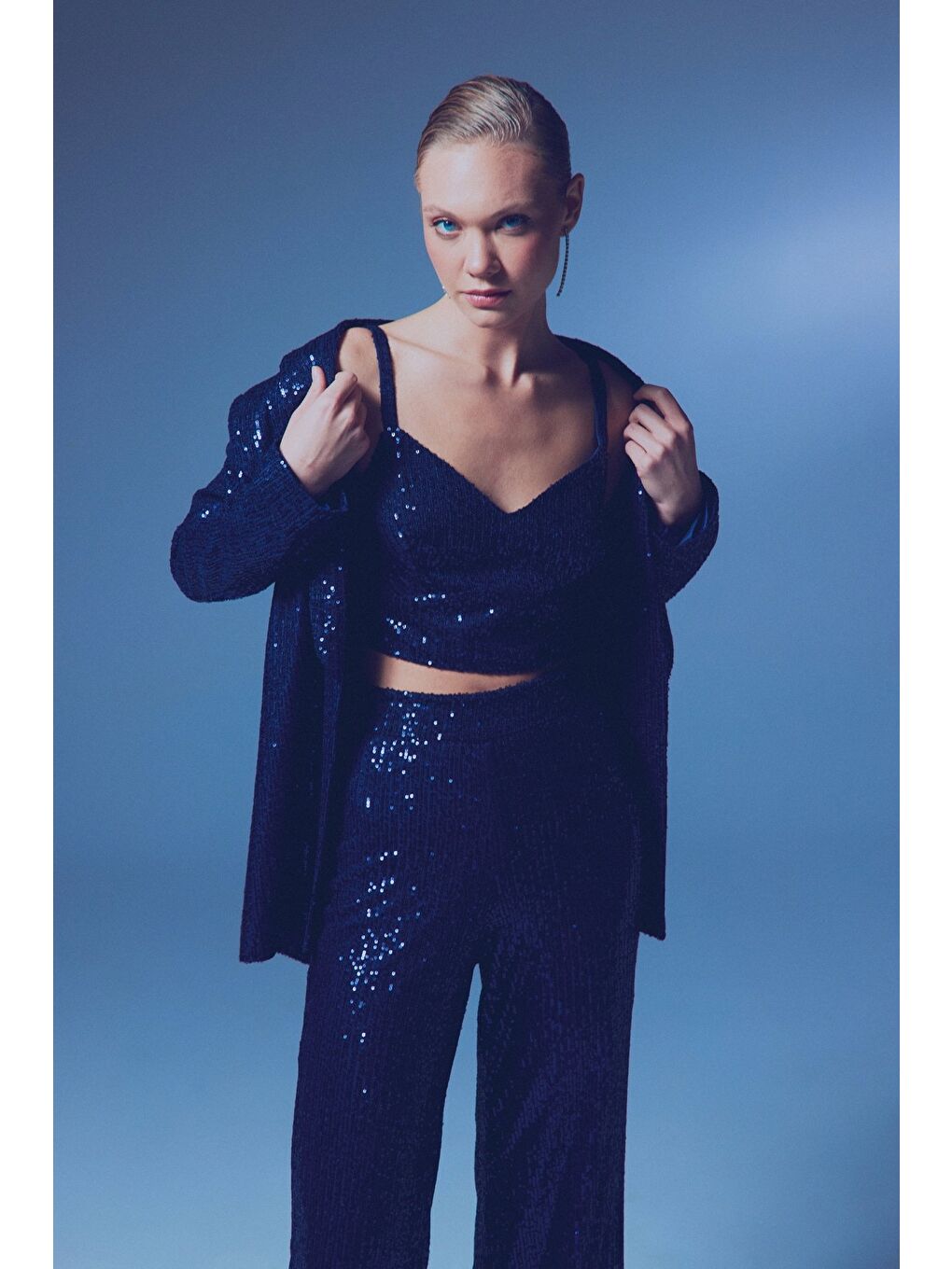 Kalın Askılı Payet Crop - Lacivert