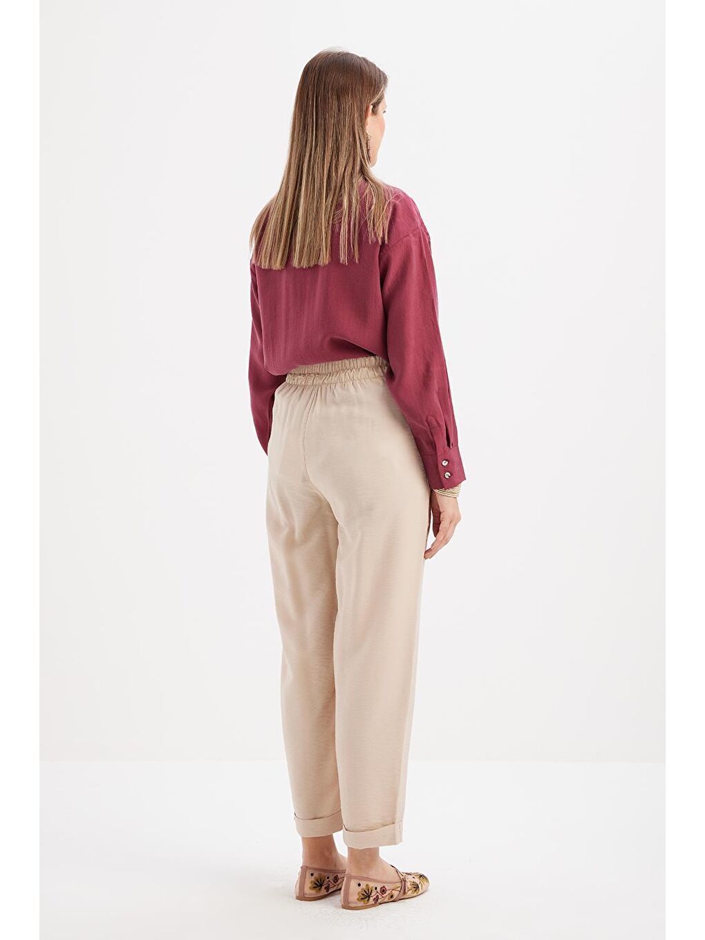 Bej-Beli Lastikli Cepli Pantolon-3