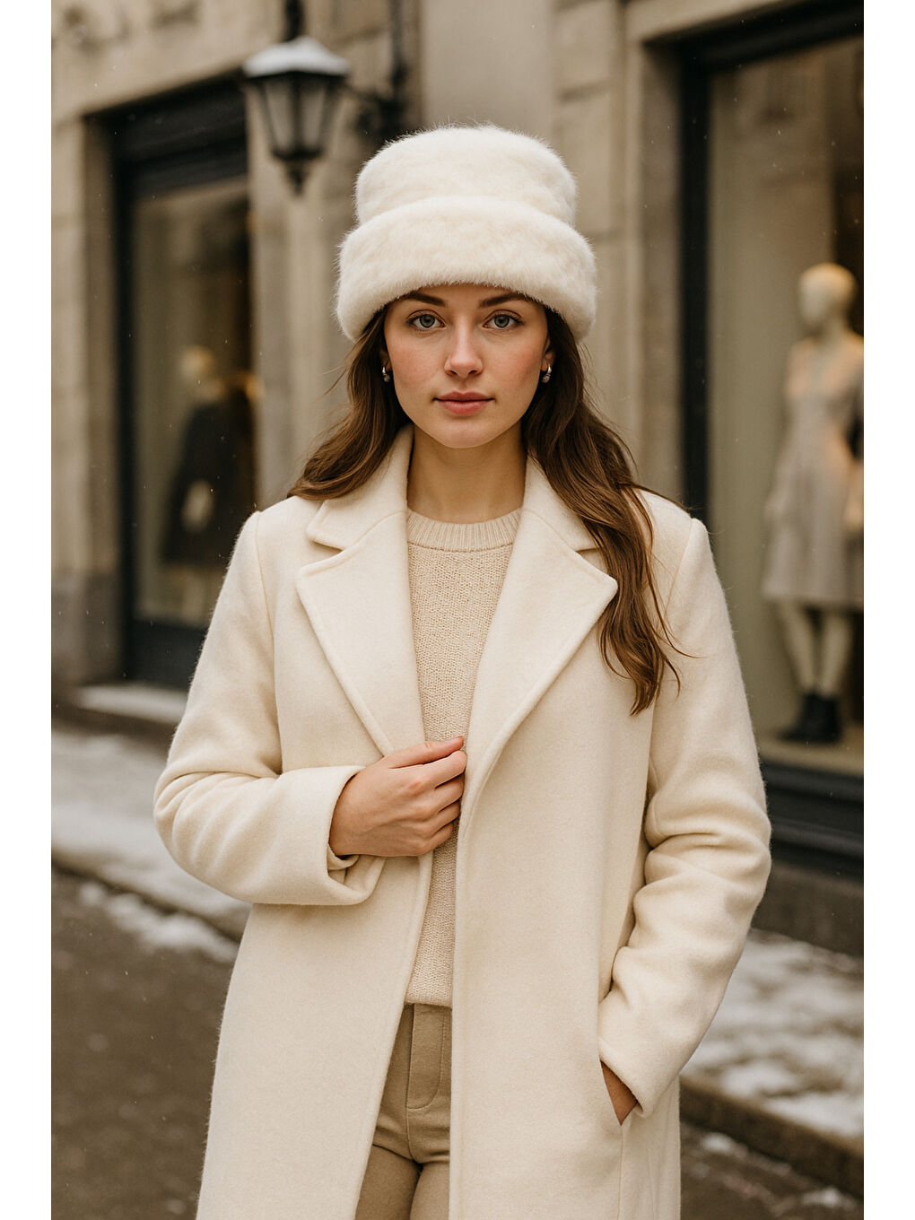 Kadın Ekru Yünlü Pelüş Bere BERE1146-2