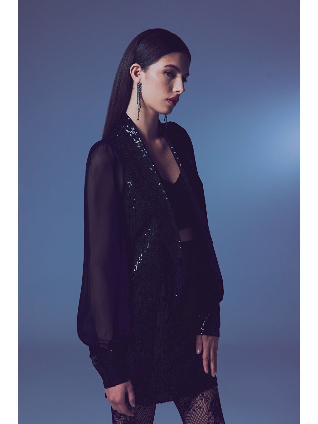 Şifon Kollu Payet Ceket - Siyah-2