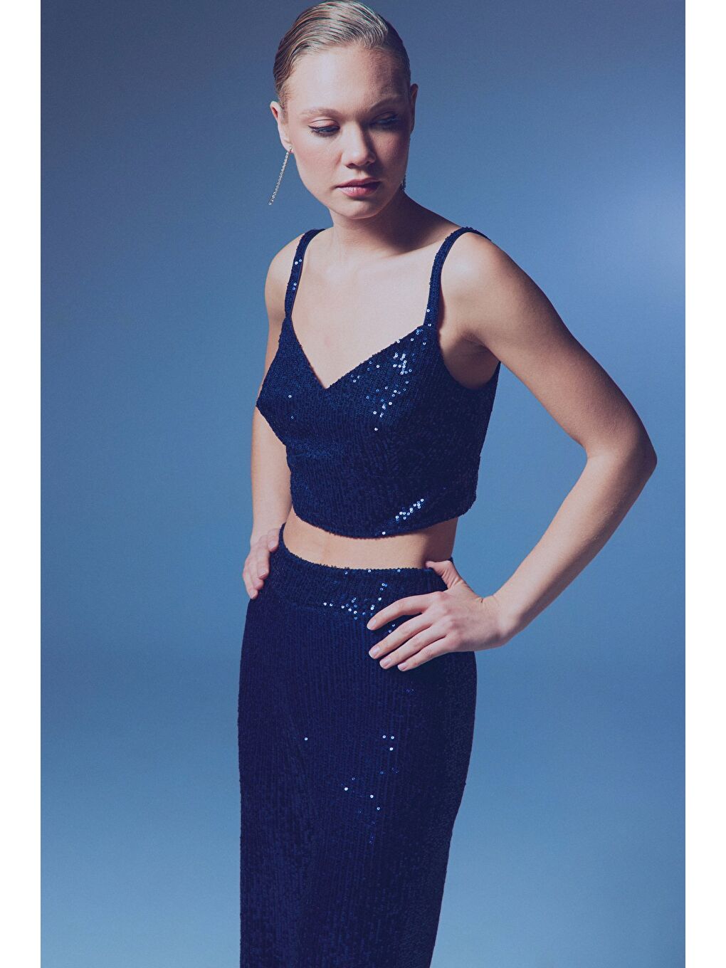 Kalın Askılı Payet Crop - Lacivert-1