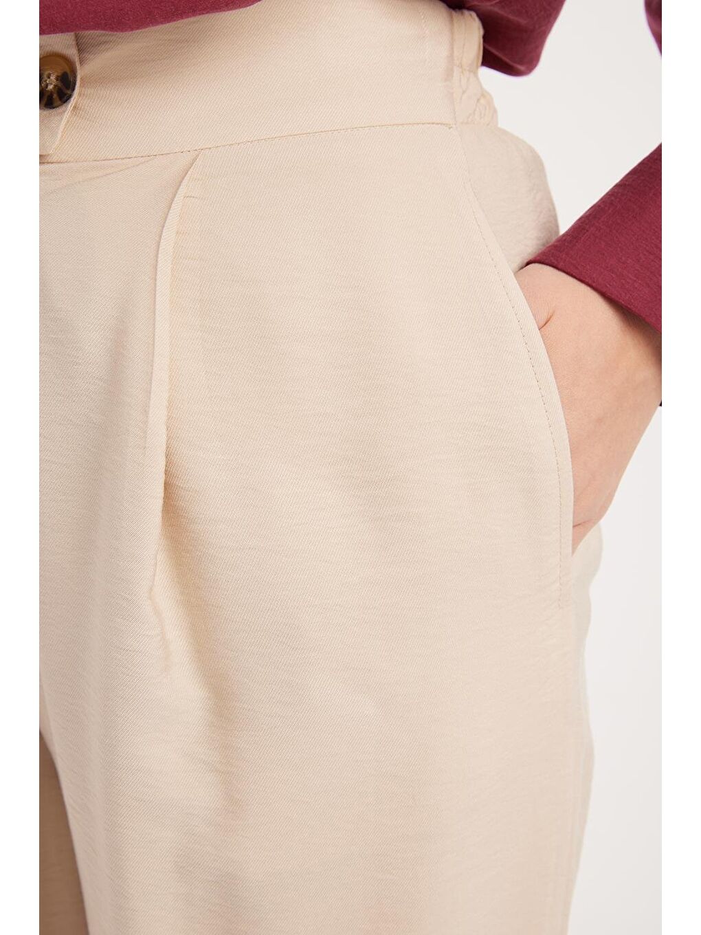 Bej-Beli Lastikli Cepli Pantolon-4