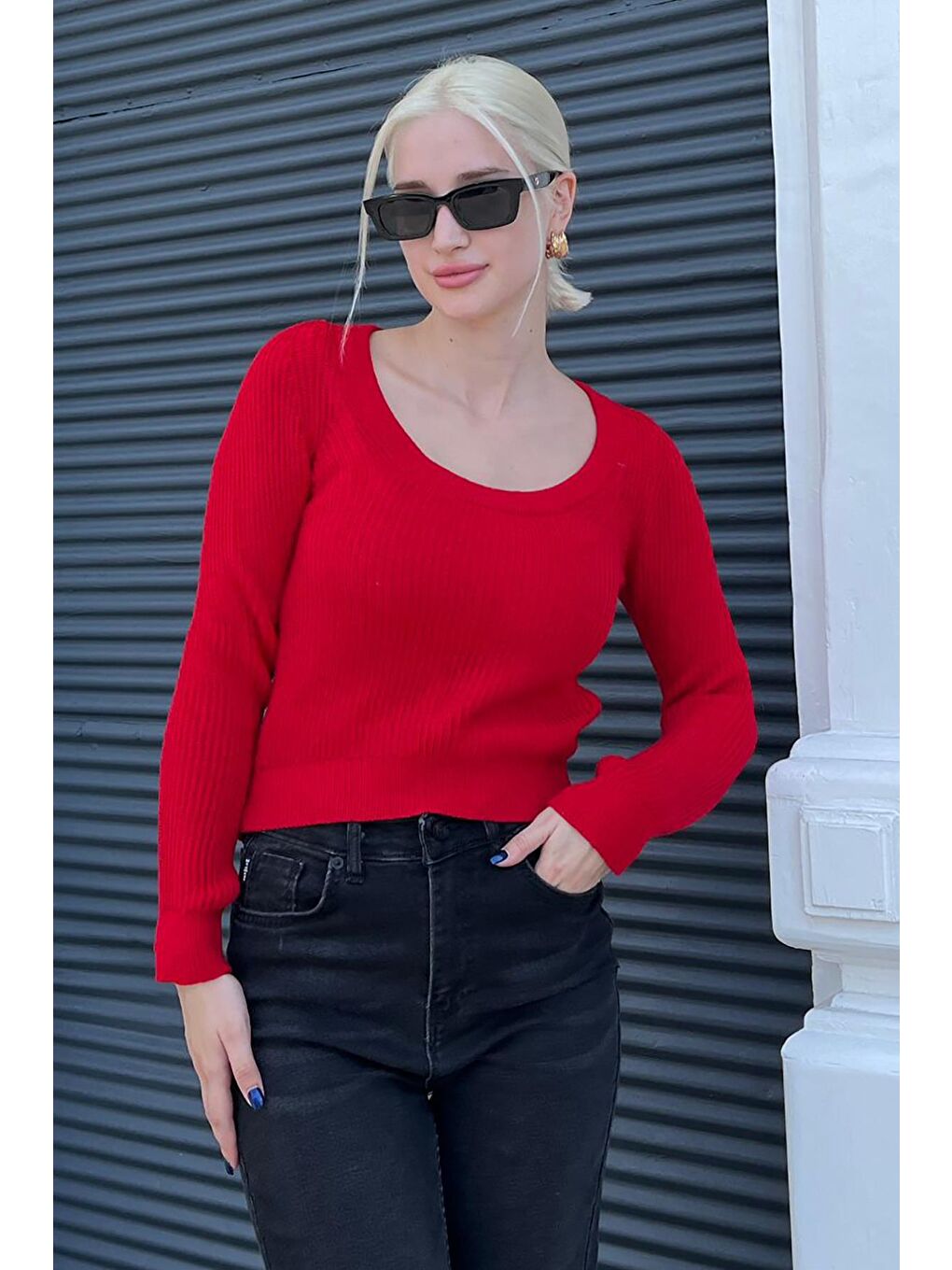 Kırmızı Bisiklet Yaka Basic Örme Kazak Mg2189-1