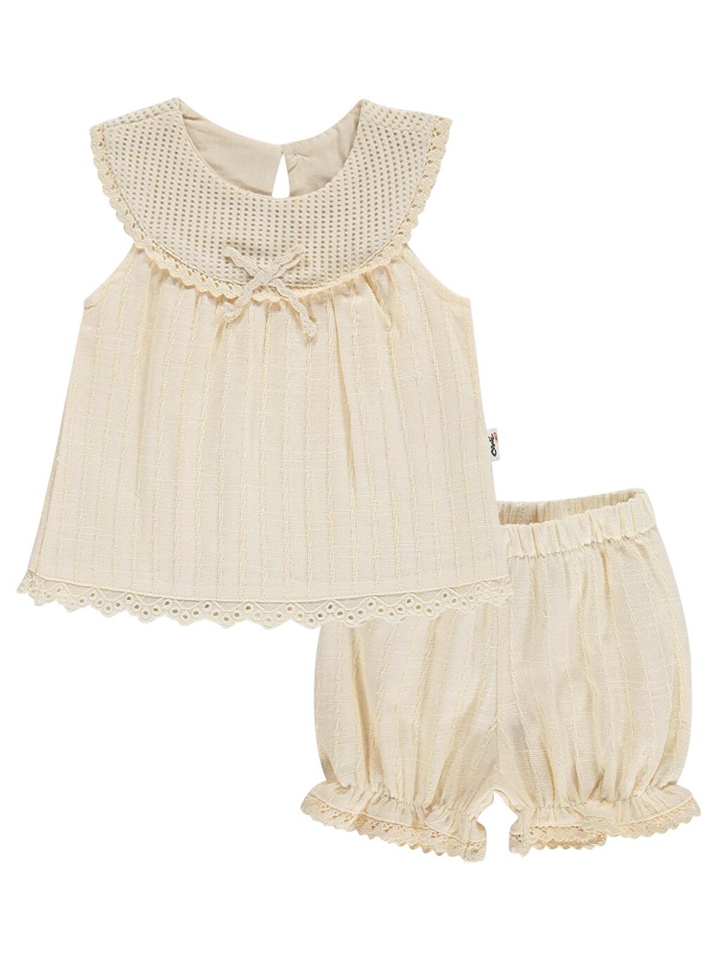 Ekru Baby Yaka Dantelli Çizgili Kumaş 6-18 Ay Takım - Bej-1