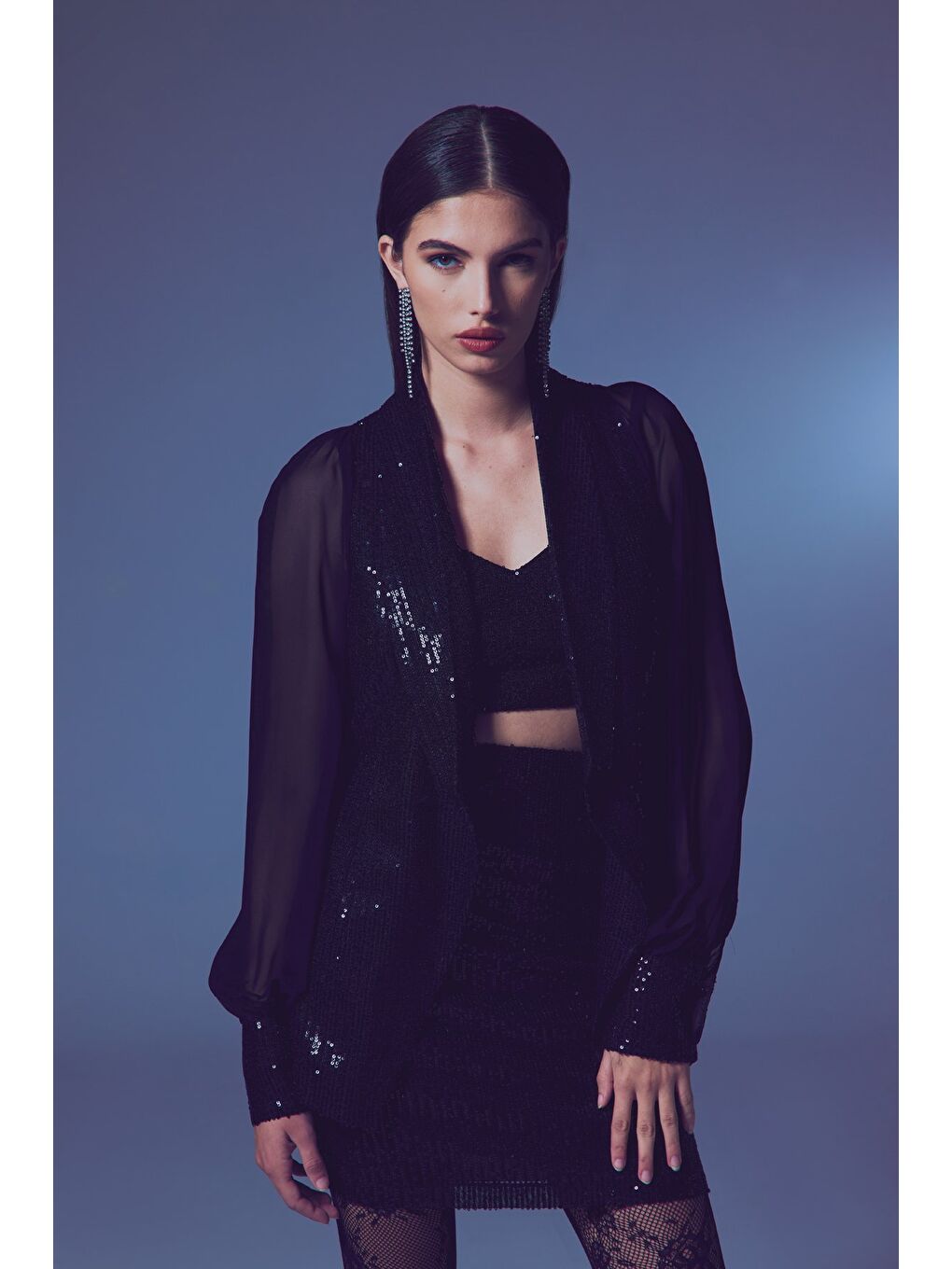 Şifon Kollu Payet Ceket - Siyah-3