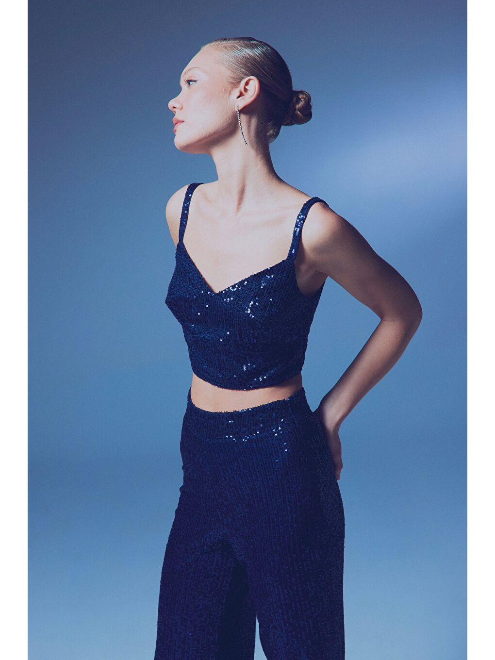 Kalın Askılı Payet Crop - Lacivert-2