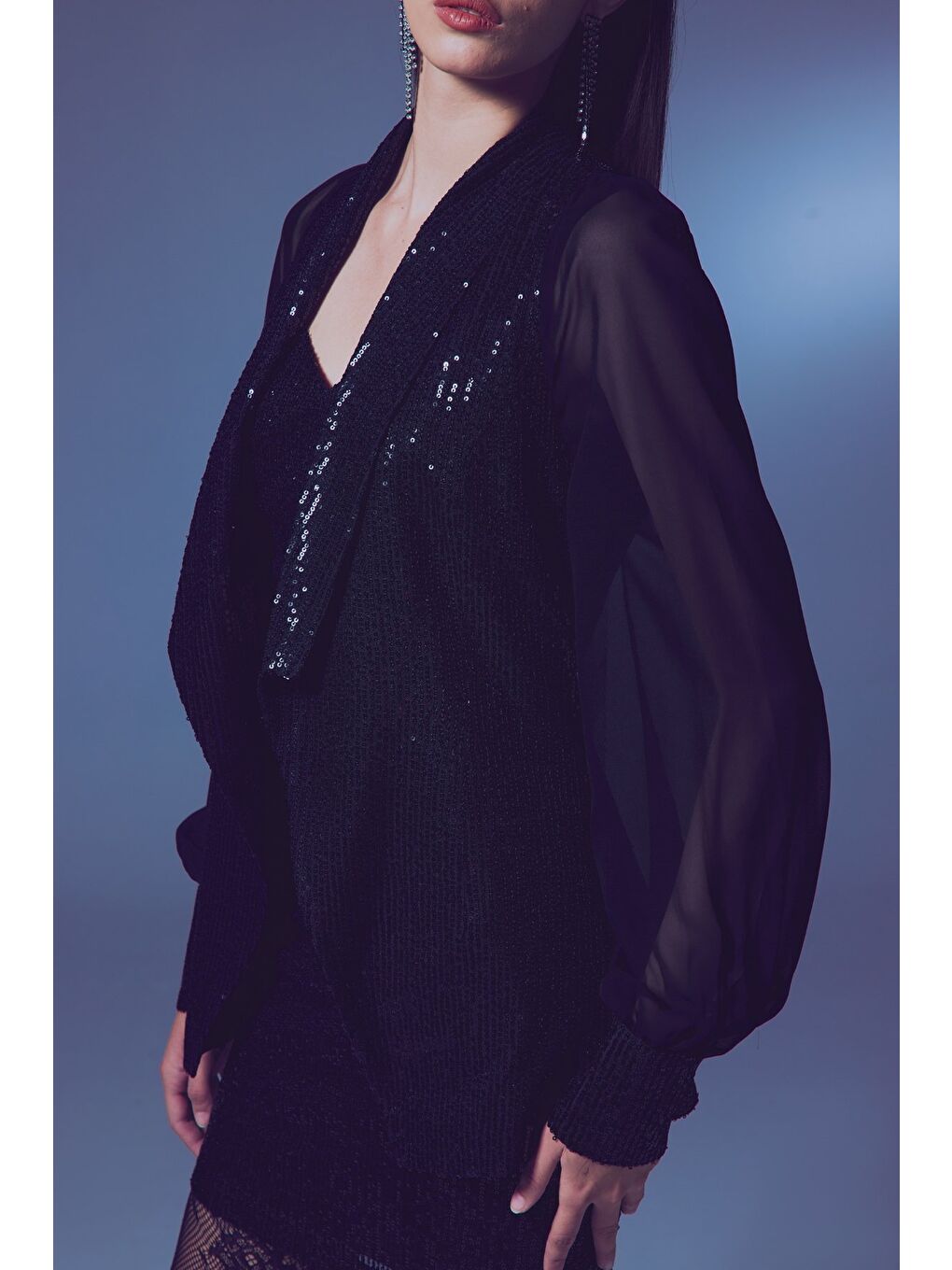 Şifon Kollu Payet Ceket - Siyah-4