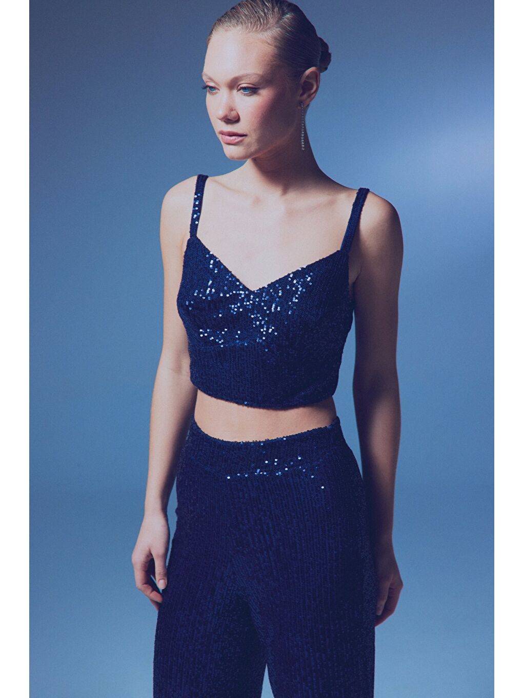 Kalın Askılı Payet Crop - Lacivert-3