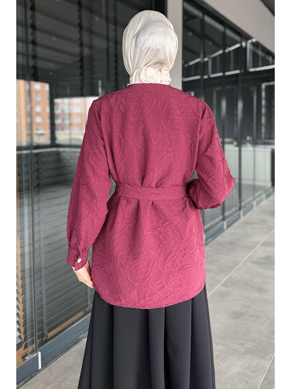 Pembe Kadın Kabartma Desenli Kuşak Detaylı Tesettür Gömlek Tunik-6