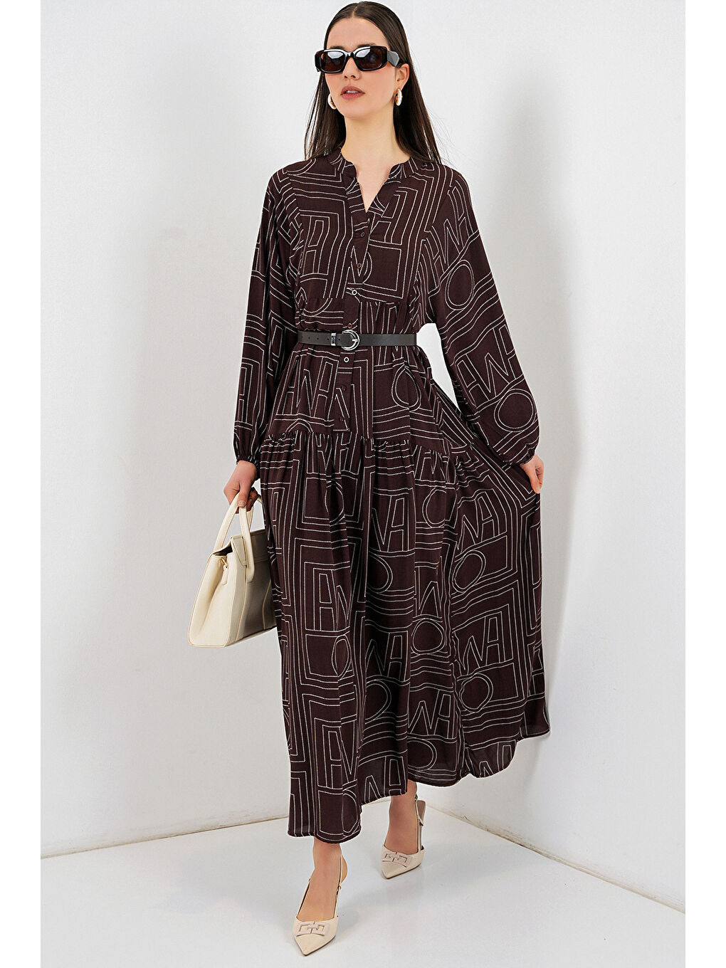 Kahverengi Kadın Desenli Uzun Tesettür Elbise 2585 - Y.Kahve-2