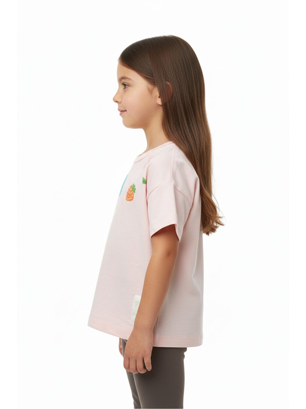 Pembe Kız Çocuk Bisiklet Yaka Düşük Omuz Kısa Kollu Baskılı Tişört 25005-1