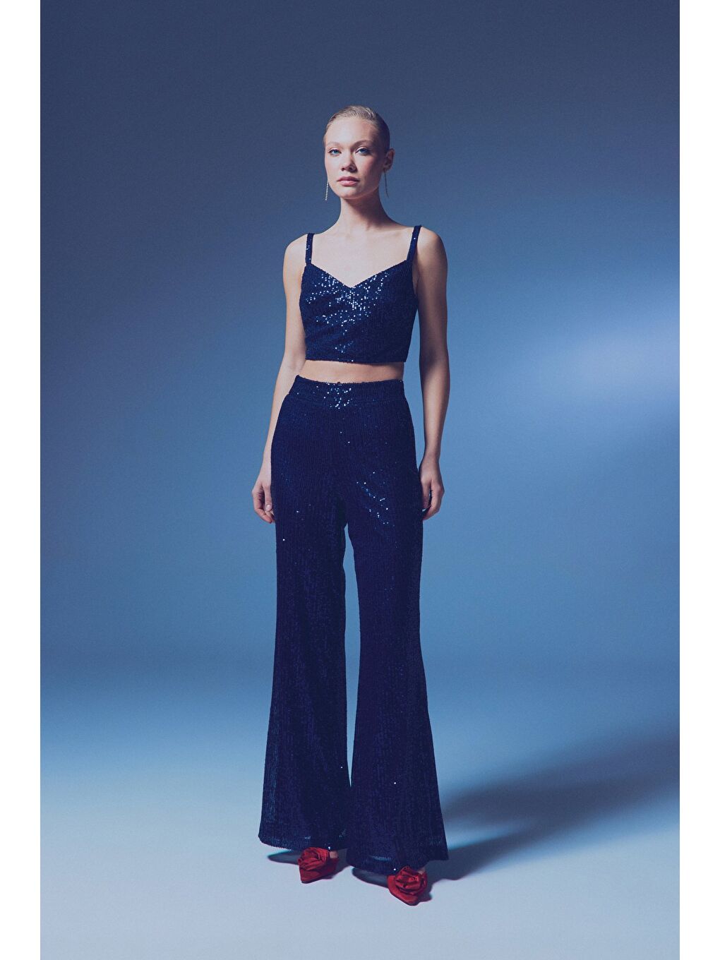 Kalın Askılı Payet Crop - Lacivert-4