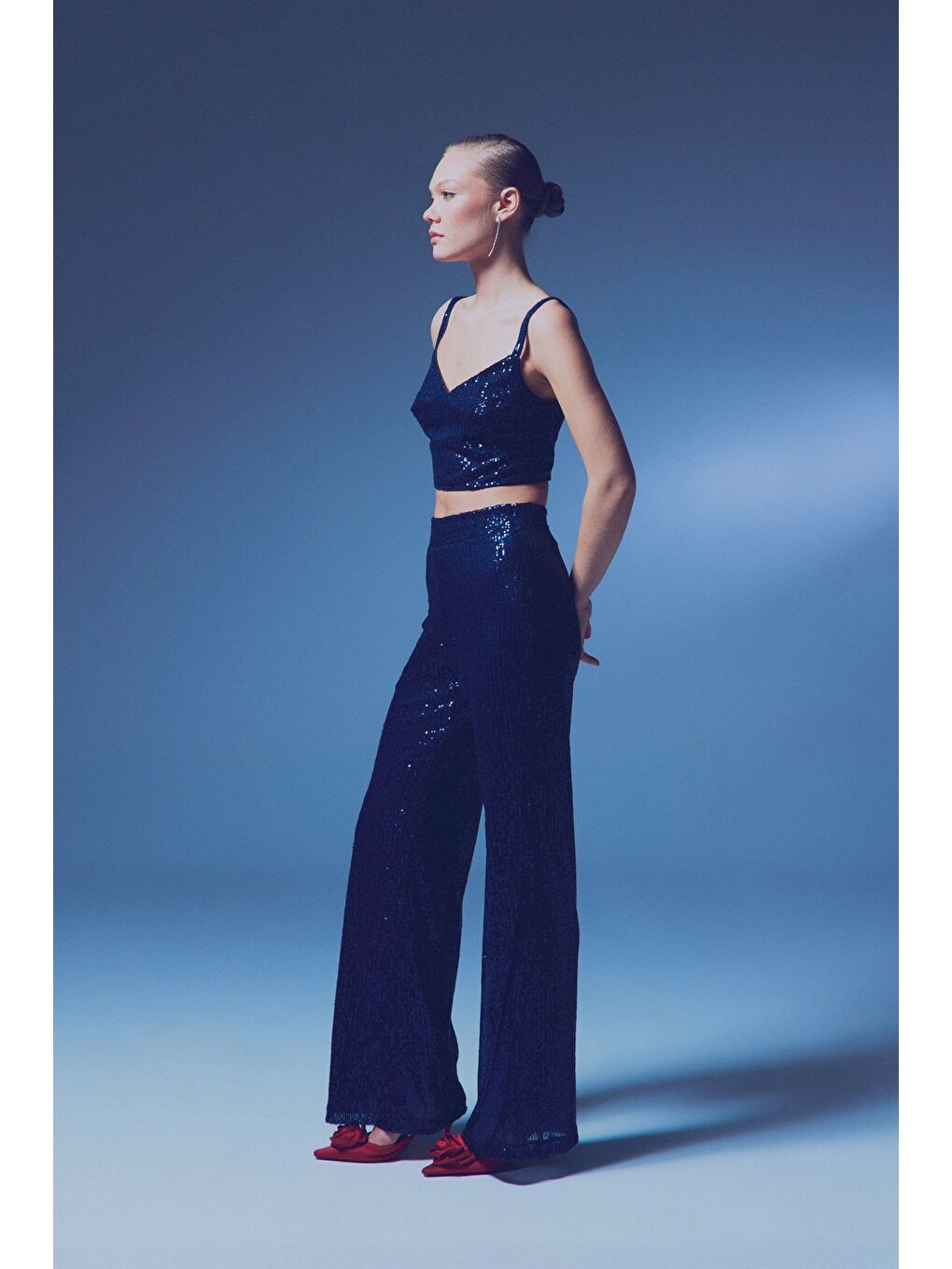 Kalın Askılı Payet Crop - Lacivert-5