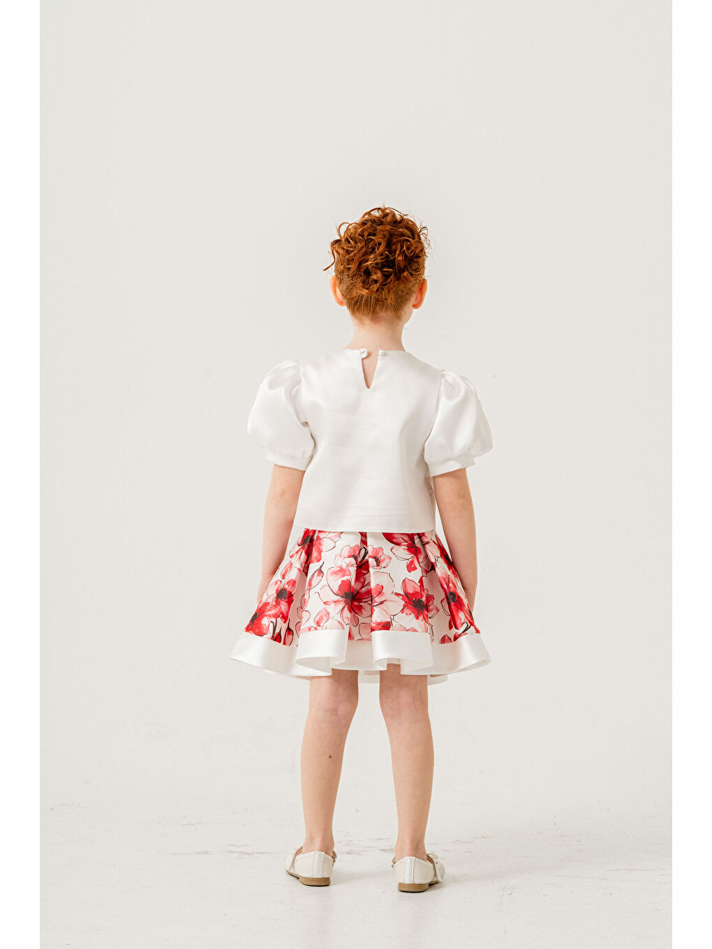 Pink Girls Kirmizi Çiçek Baskılı Yaka Fiyonklu Takım - 3