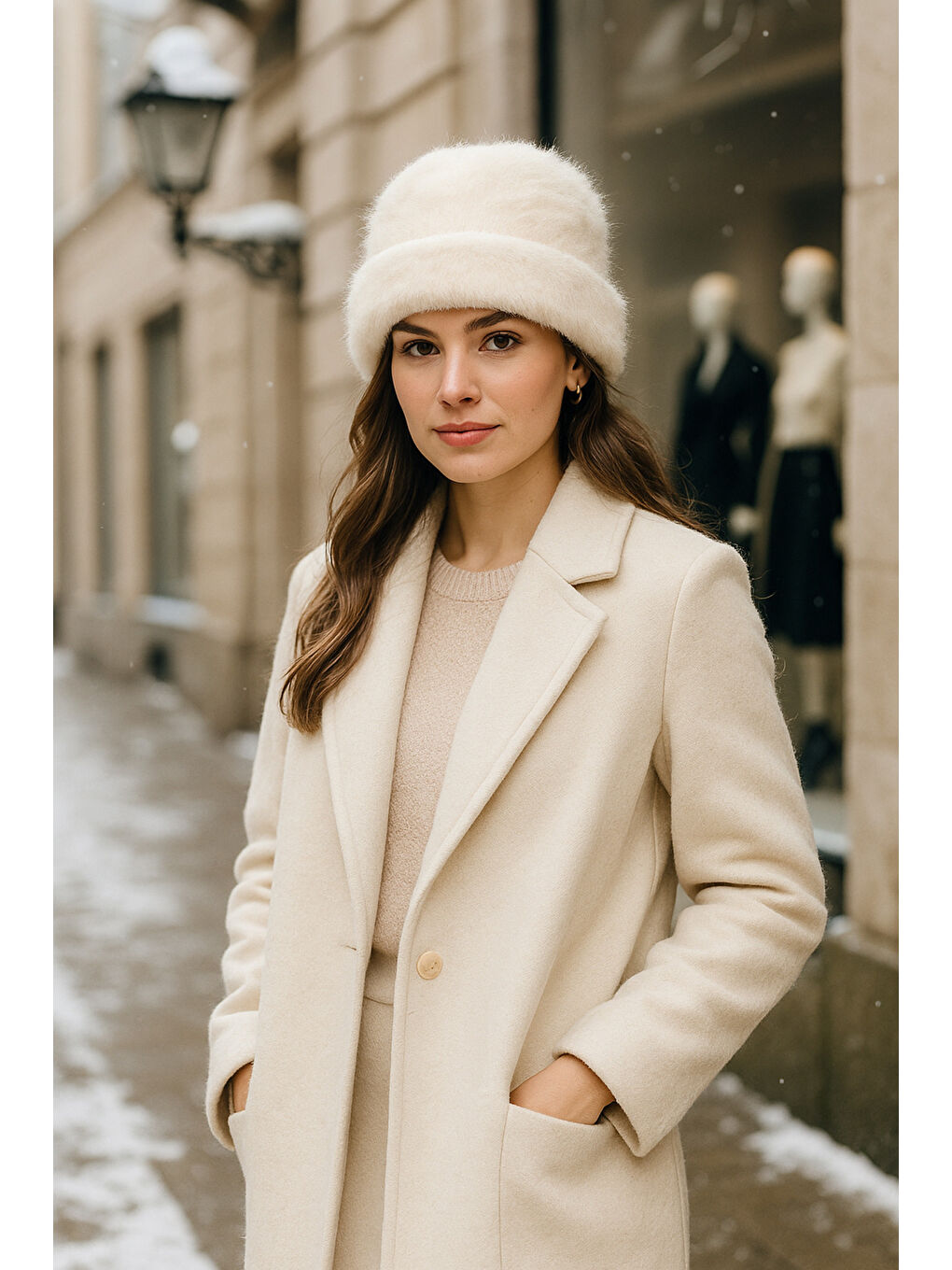 Kadın Ekru Yünlü Pelüş Bere BERE1146-3