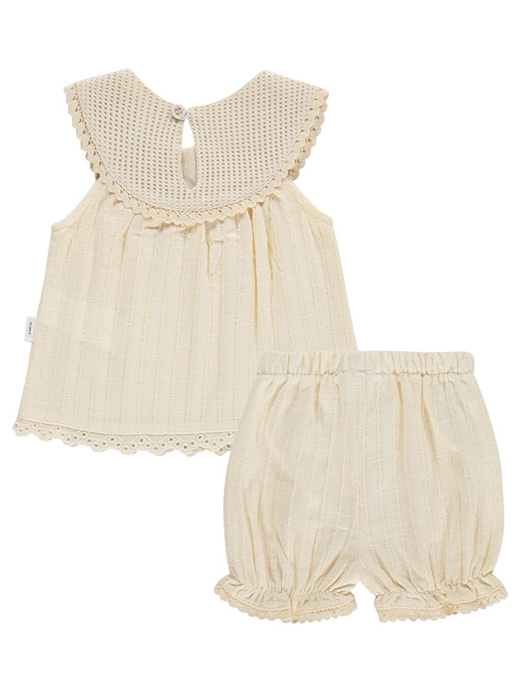 Ekru Baby Yaka Dantelli Çizgili Kumaş 6-18 Ay Takım - Bej-2