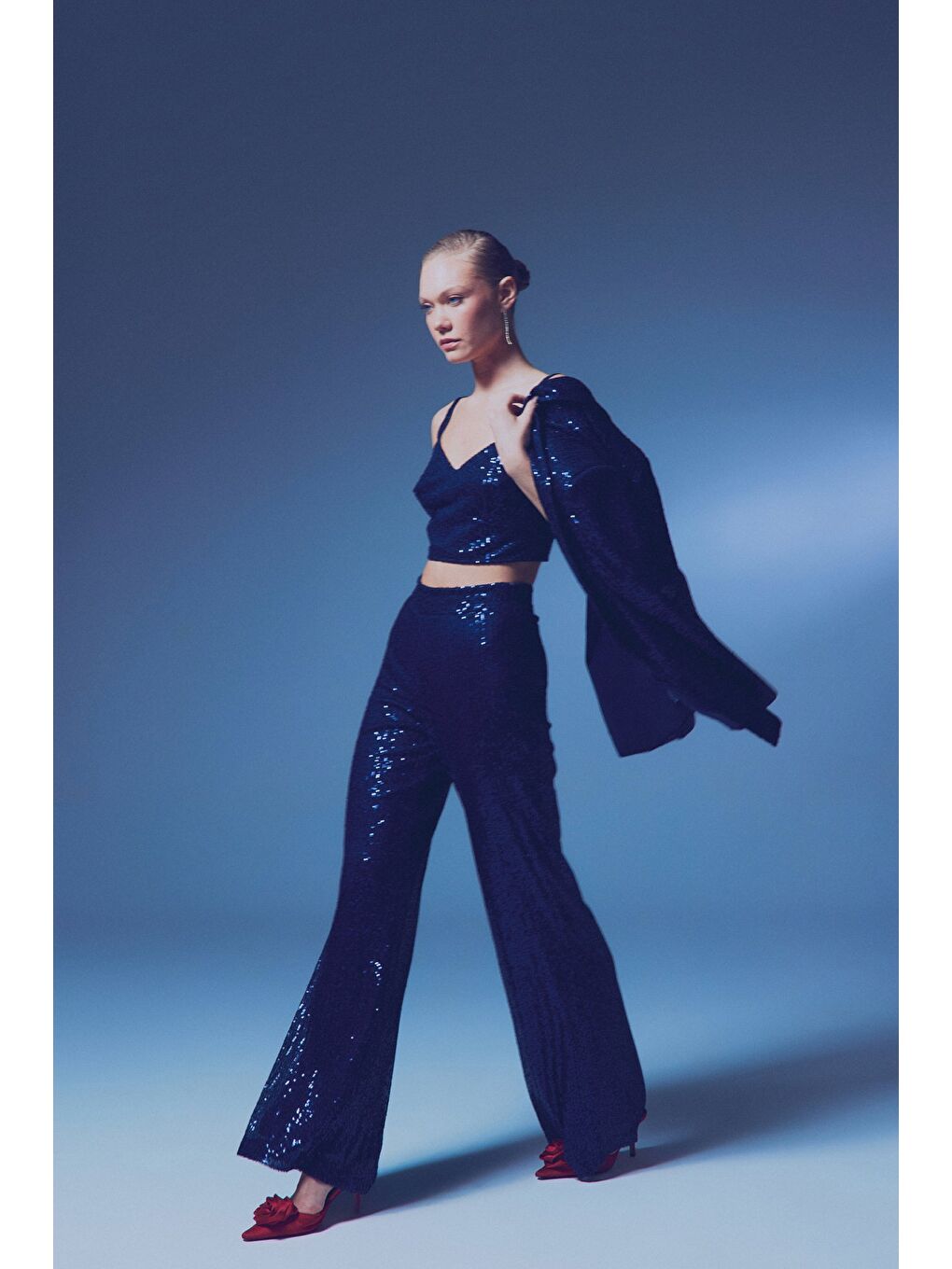 Kalın Askılı Payet Crop - Lacivert-6