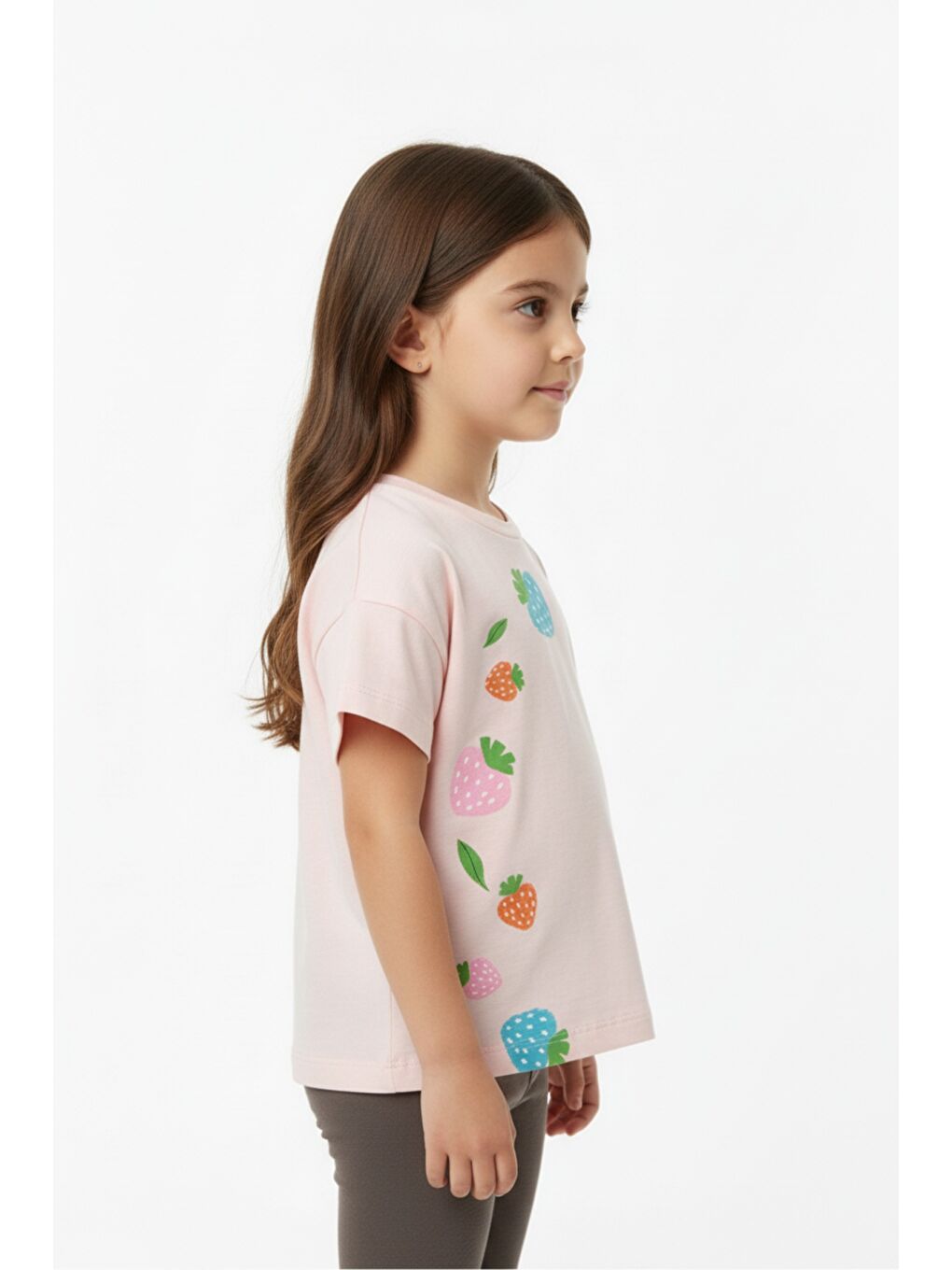Pembe Kız Çocuk Bisiklet Yaka Düşük Omuz Kısa Kollu Baskılı Tişört 25005-2