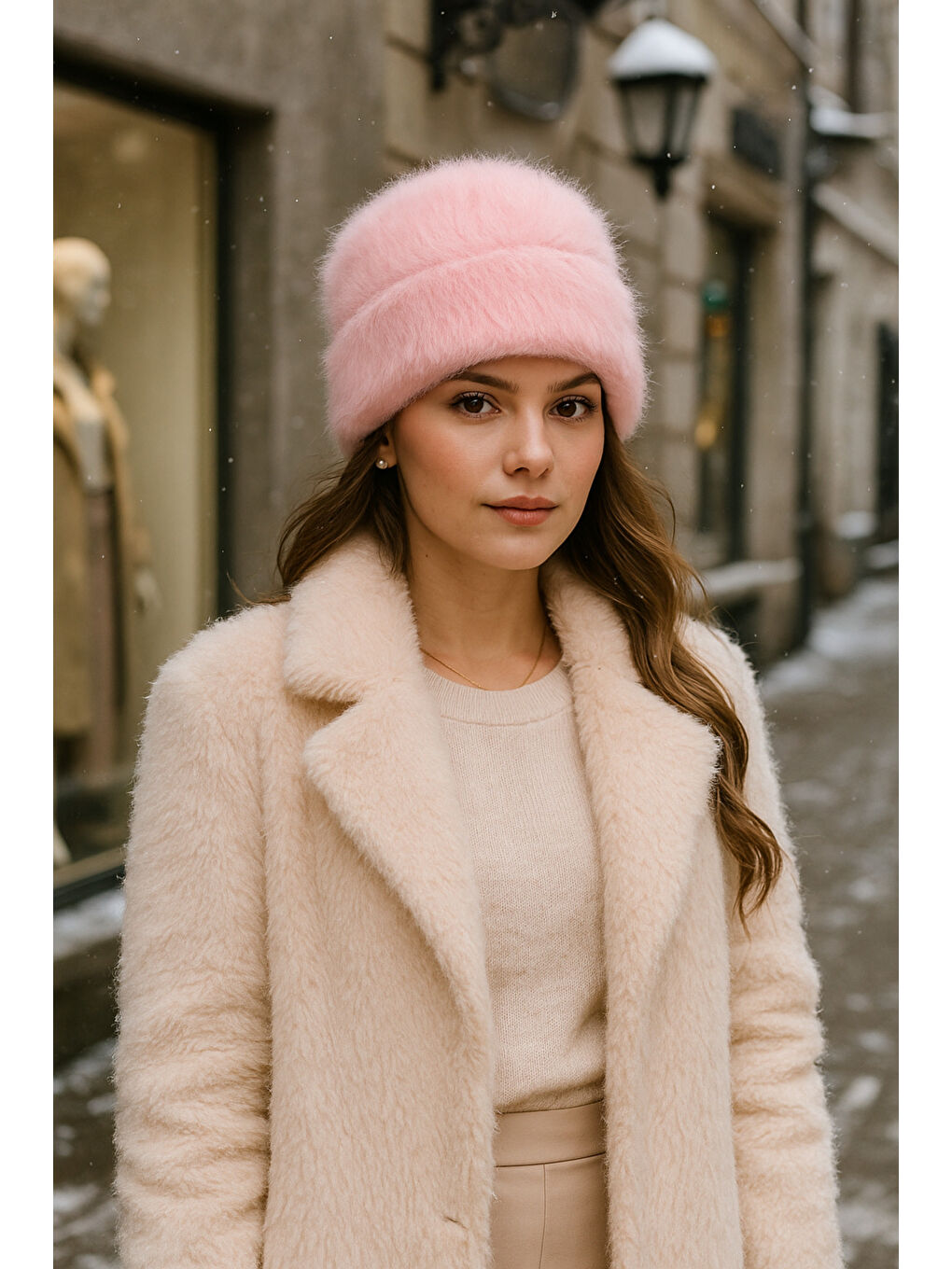 Pembe Kadın Pudra Yünlü Pelüş Bere BERE1146-2