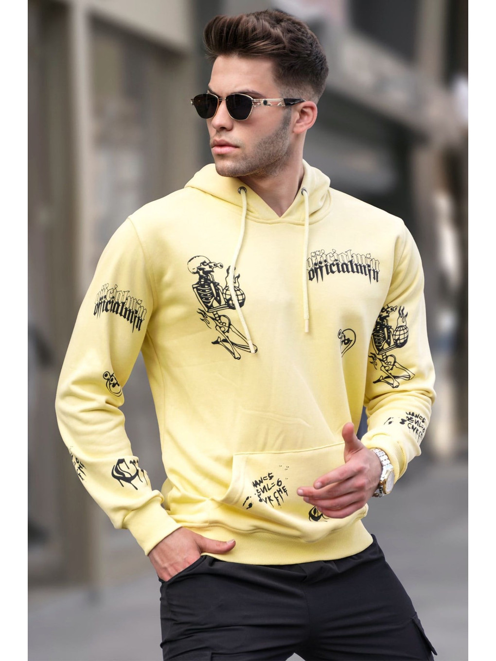 Sarı Baskılı Kapüşonlu Erkek Hoodie 5895
