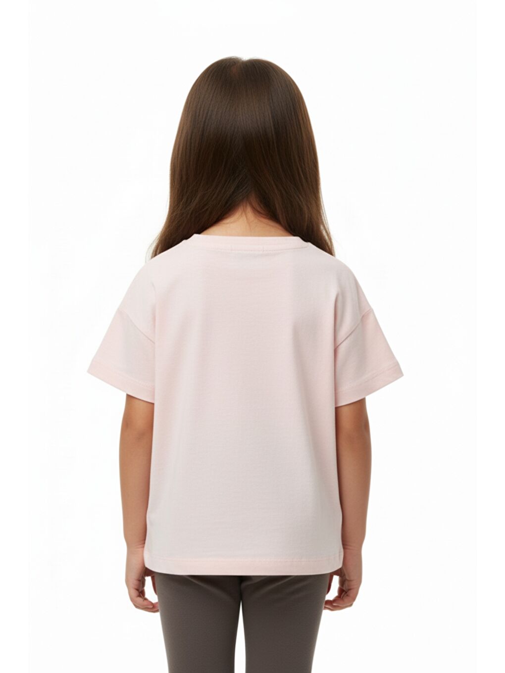 Pembe Kız Çocuk Bisiklet Yaka Düşük Omuz Kısa Kollu Baskılı Tişört 25005-3