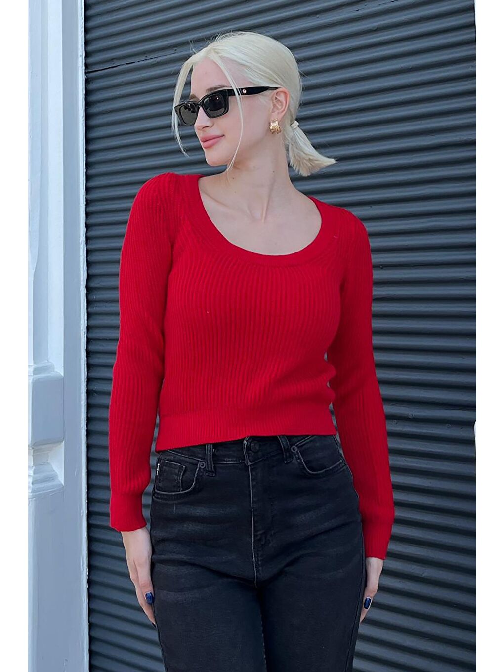 Kırmızı Bisiklet Yaka Basic Örme Kazak Mg2189-4