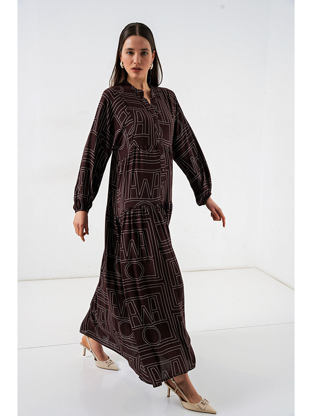 Kahverengi Kadın Desenli Uzun Tesettür Elbise 2585 - Y.Kahve-3