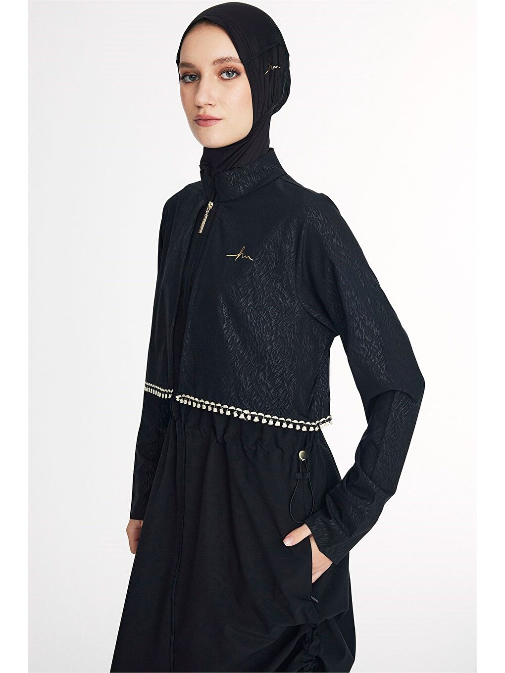 Vaha Koleksiyonu Dokulu Kumaş Siyah Tam Boy 5 Parça Tam Tesettür Mayo Takımı 5084-4