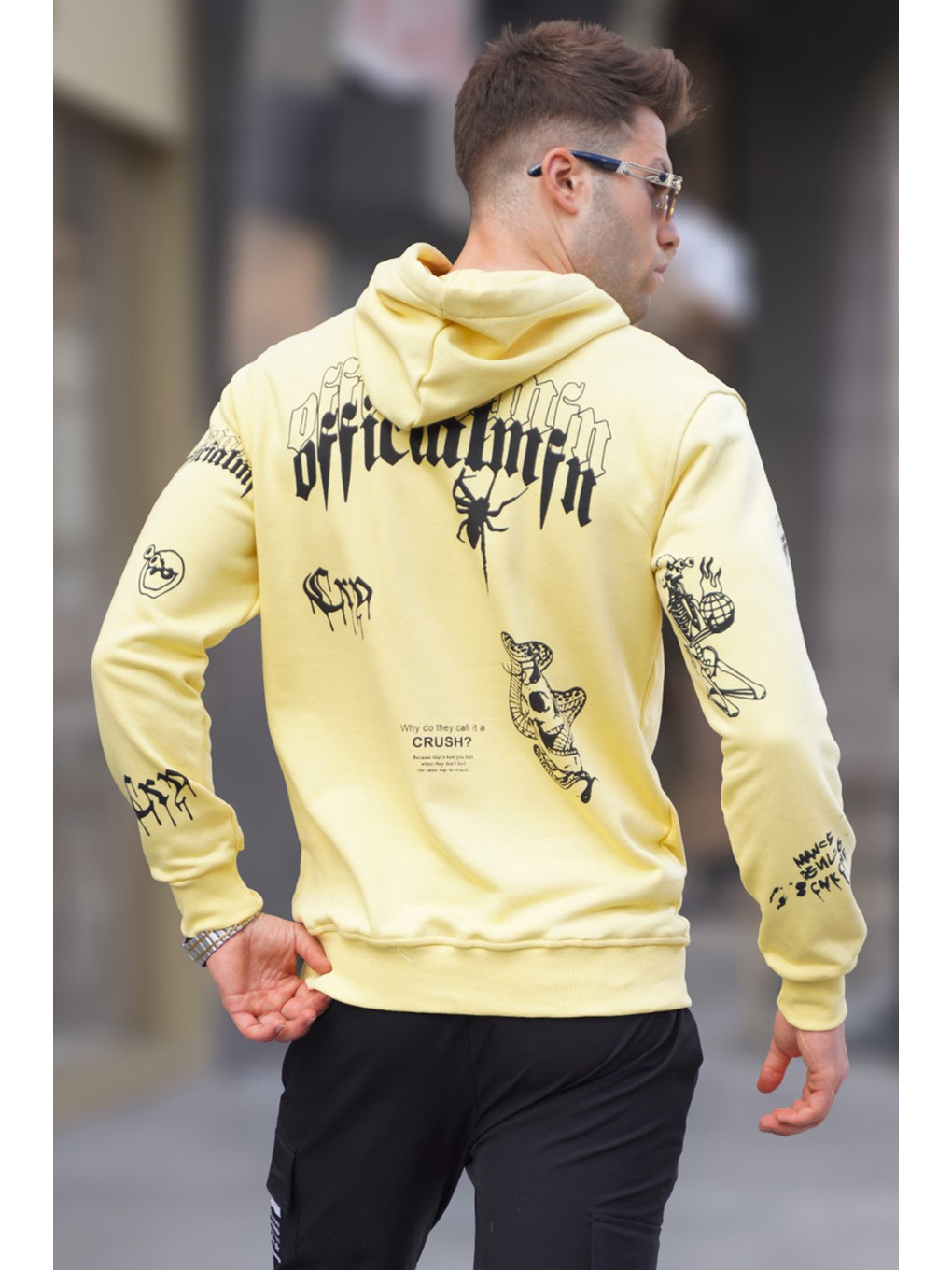 Sarı Baskılı Kapüşonlu Erkek Hoodie 5895-1