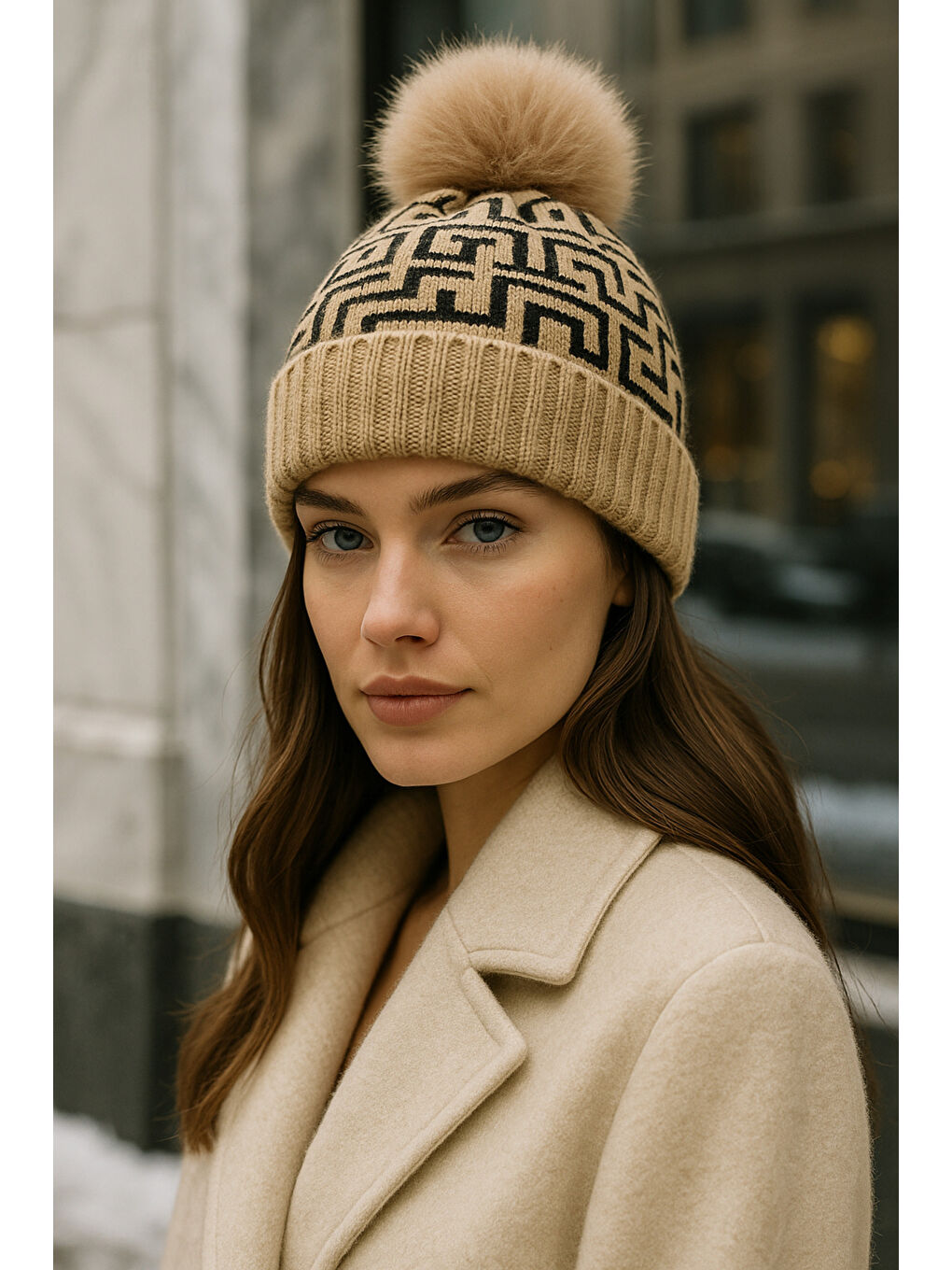 Kahverengi Kadın Camel Deseneli Ponponlu Yünlü Bere BERE1144-1