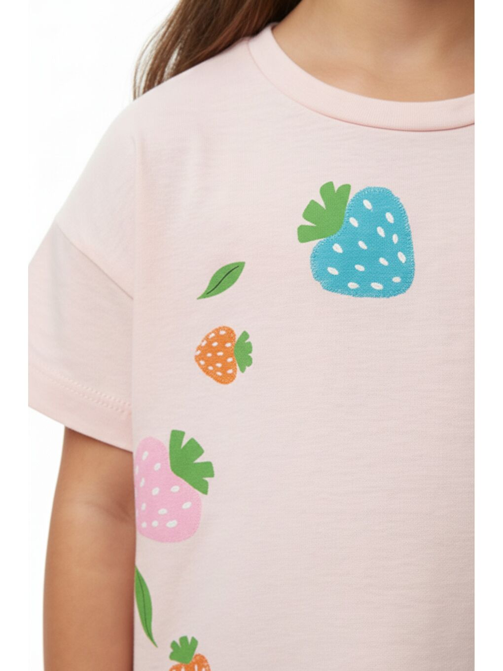 Pembe Kız Çocuk Bisiklet Yaka Düşük Omuz Kısa Kollu Baskılı Tişört 25005-4