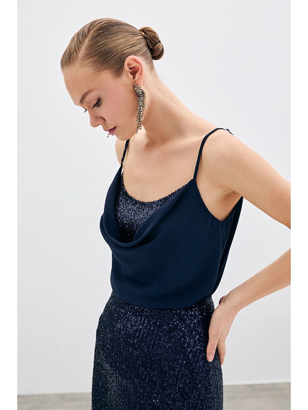 Degaje Yaka Bluz - Lacivert-4