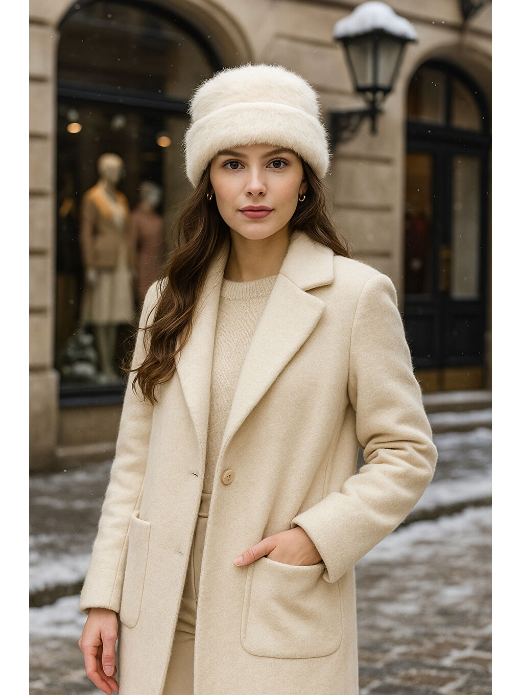 Kadın Ekru Yünlü Pelüş Bere BERE1146-4