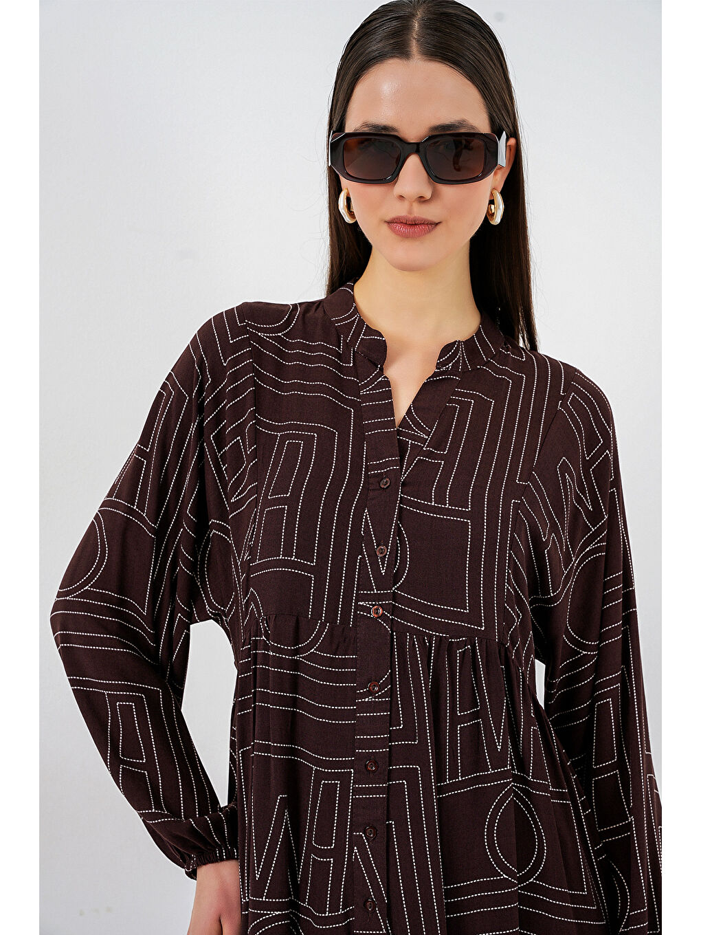 Kahverengi Kadın Desenli Uzun Tesettür Elbise 2585 - Y.Kahve-4