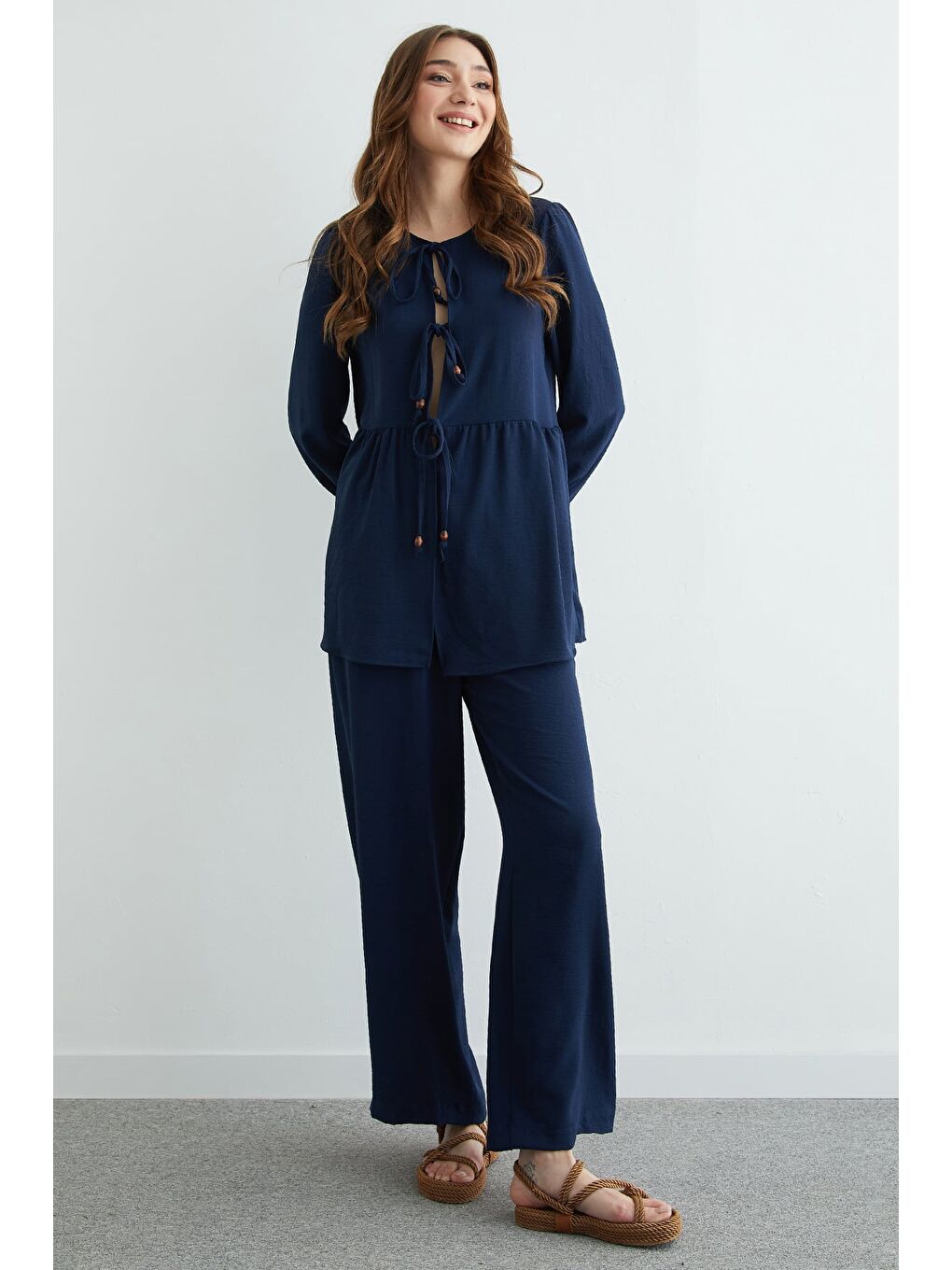 Lacivert Fullamodest Önü Bağlamalı Ayrobin Kimono 2 Li Takım