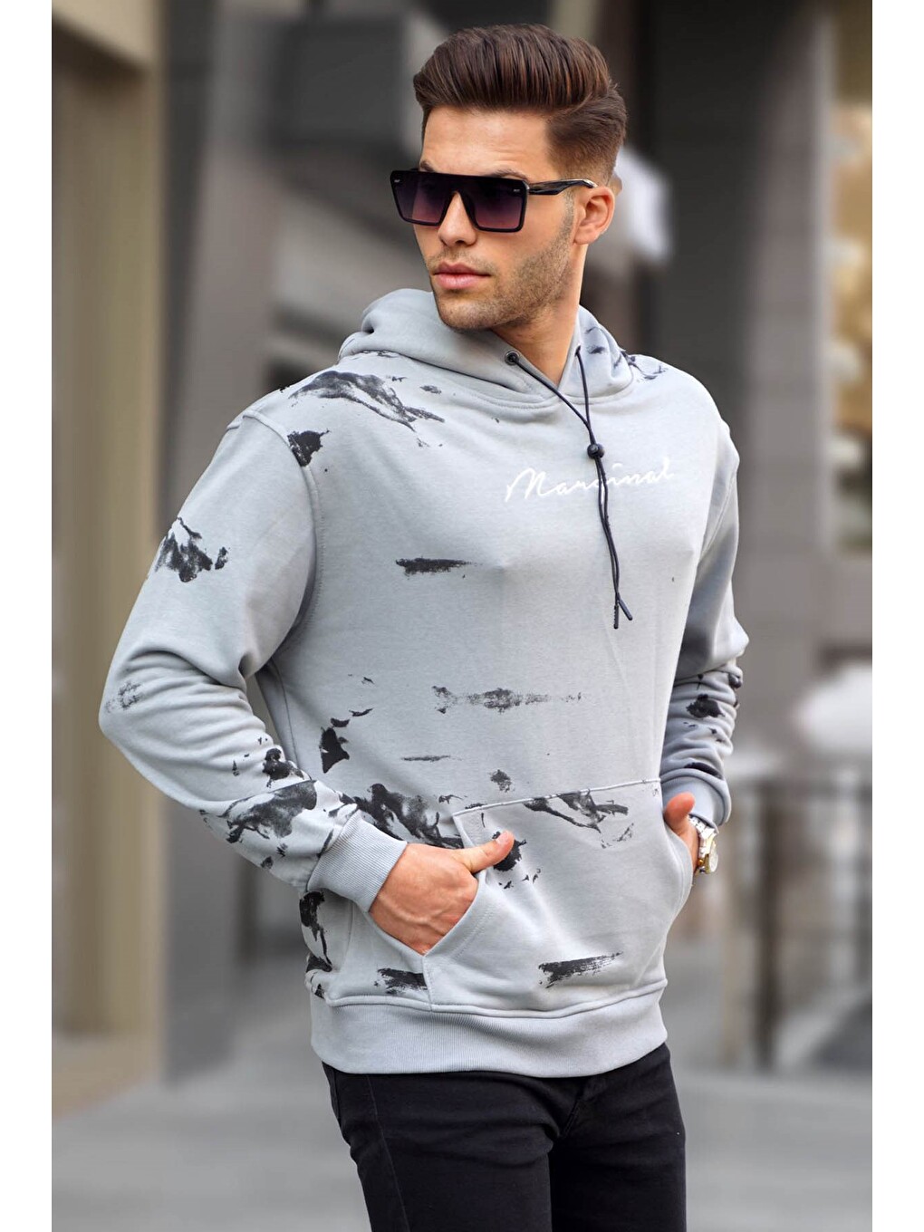 Boyalı Gri Erkek Kapüşonlu Sweatshirt Hoodie 5291