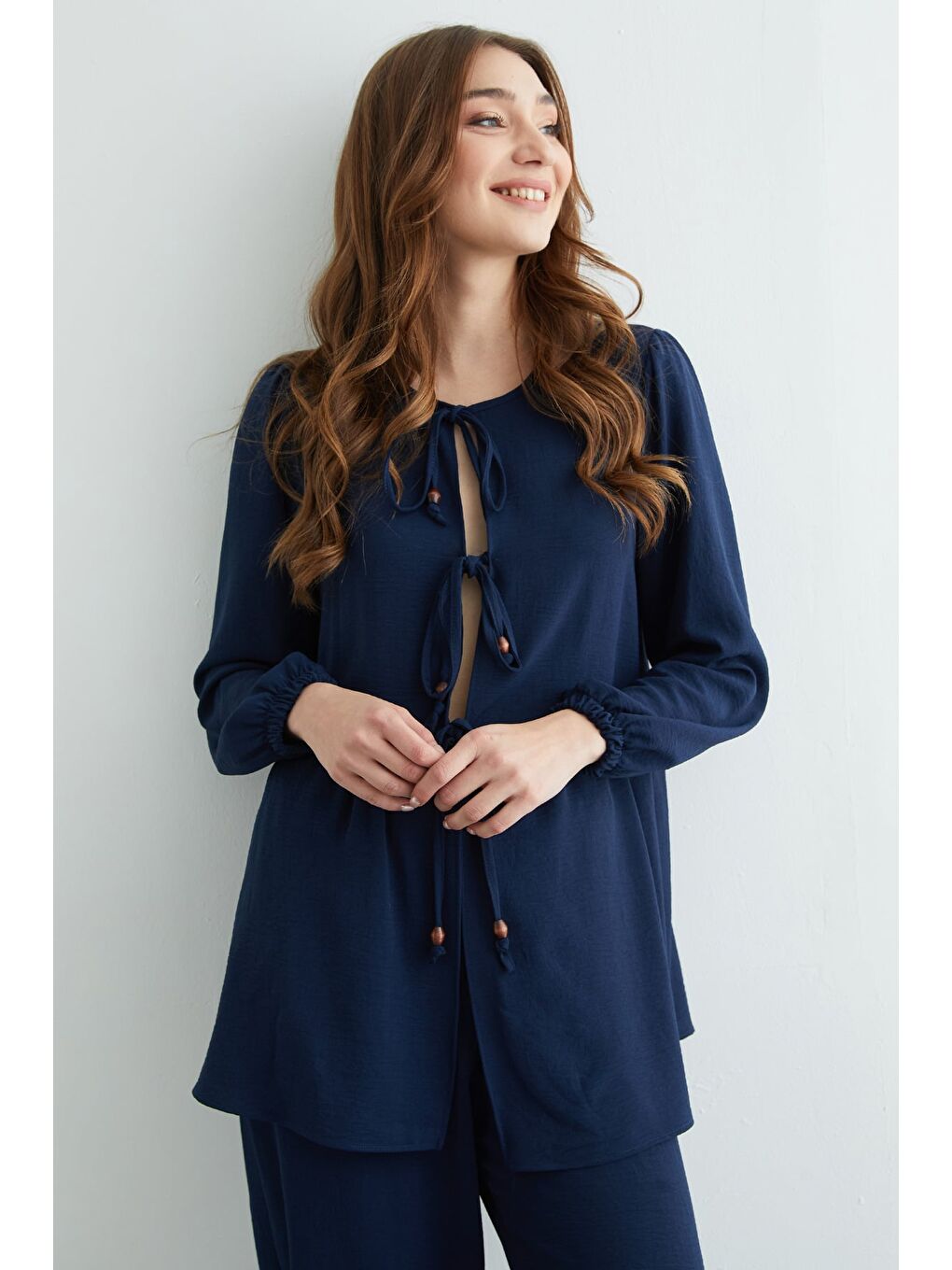 Lacivert Fullamodest Önü Bağlamalı Ayrobin Kimono 2 Li Takım-1