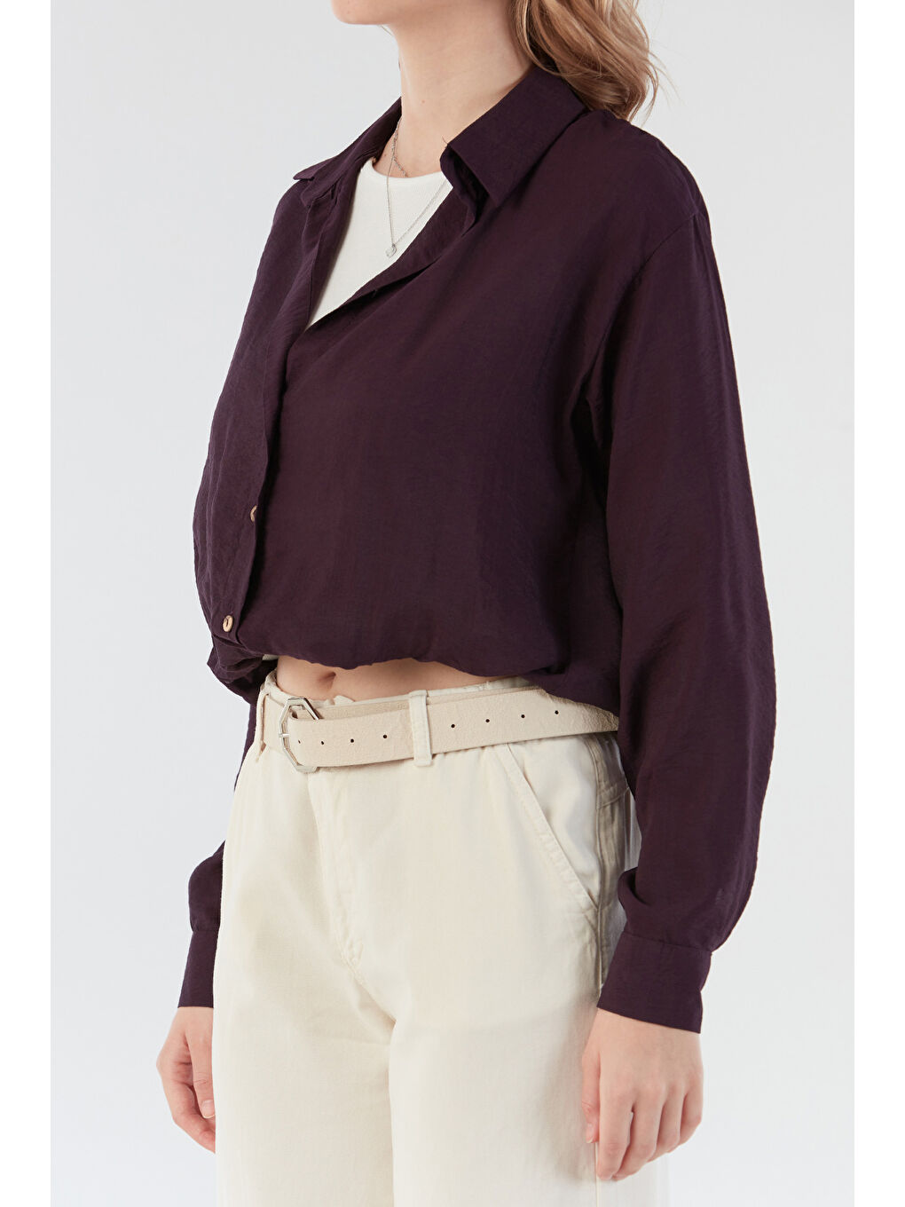 Mor Basic Body Detaylı Kolyeli Gömlek-4