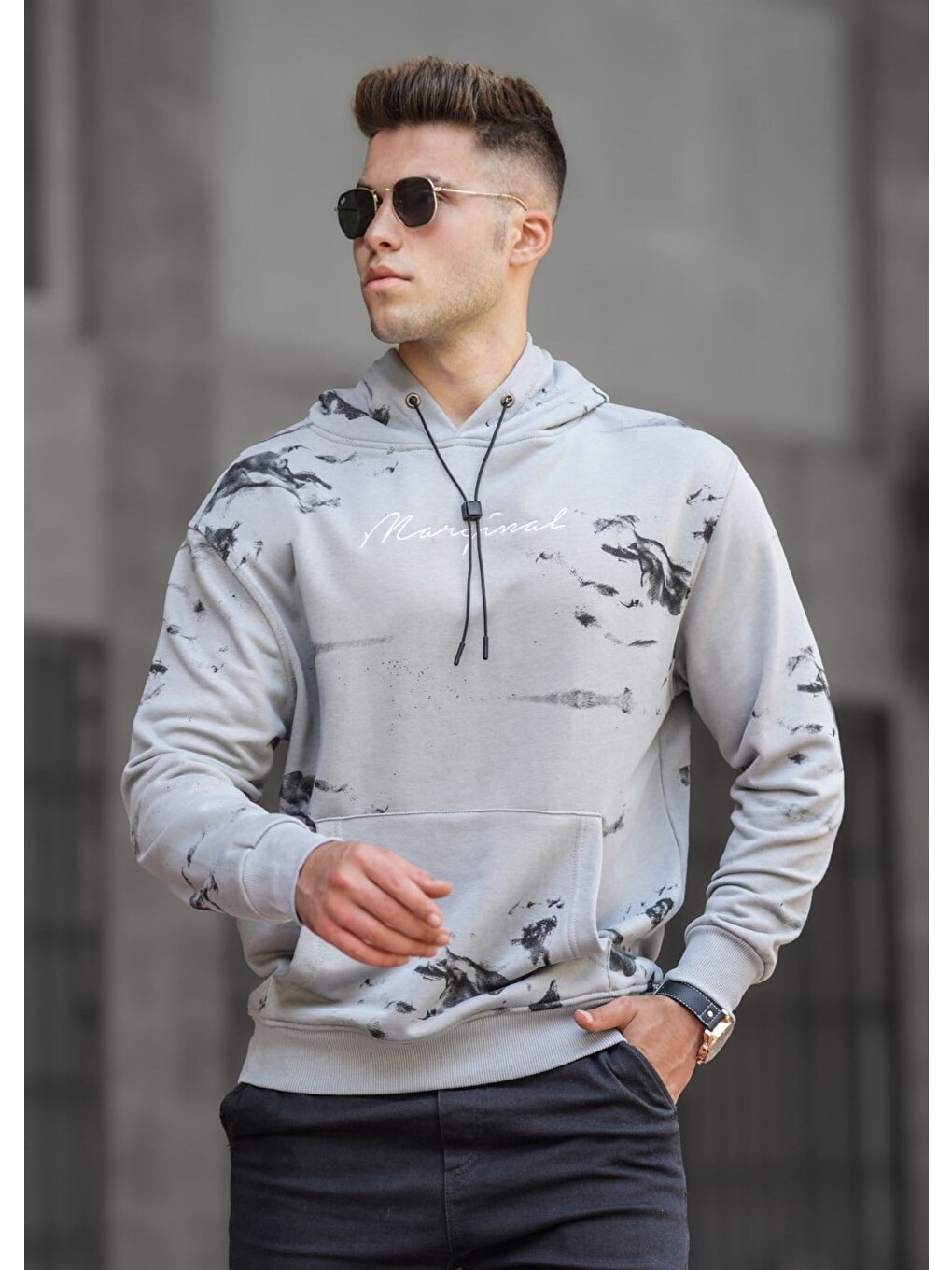 Boyalı Gri Erkek Kapüşonlu Sweatshirt Hoodie 5291-1