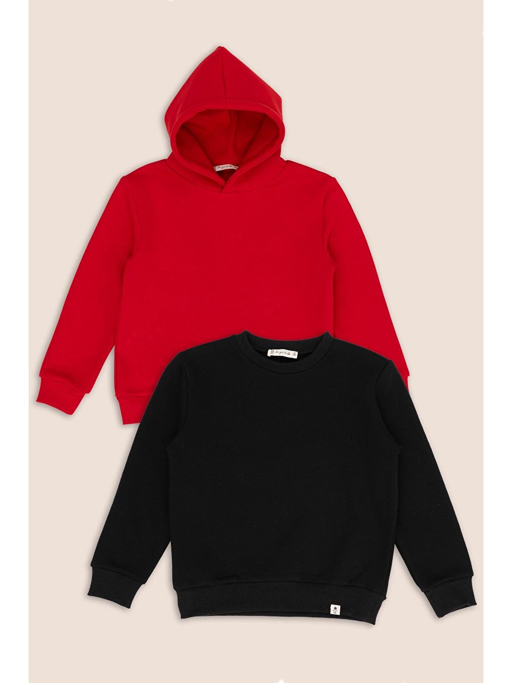 2 Li Kırmız Kapüşonlu Siyah Bisiklet Yaka Kız Çocuk Sweatshirt