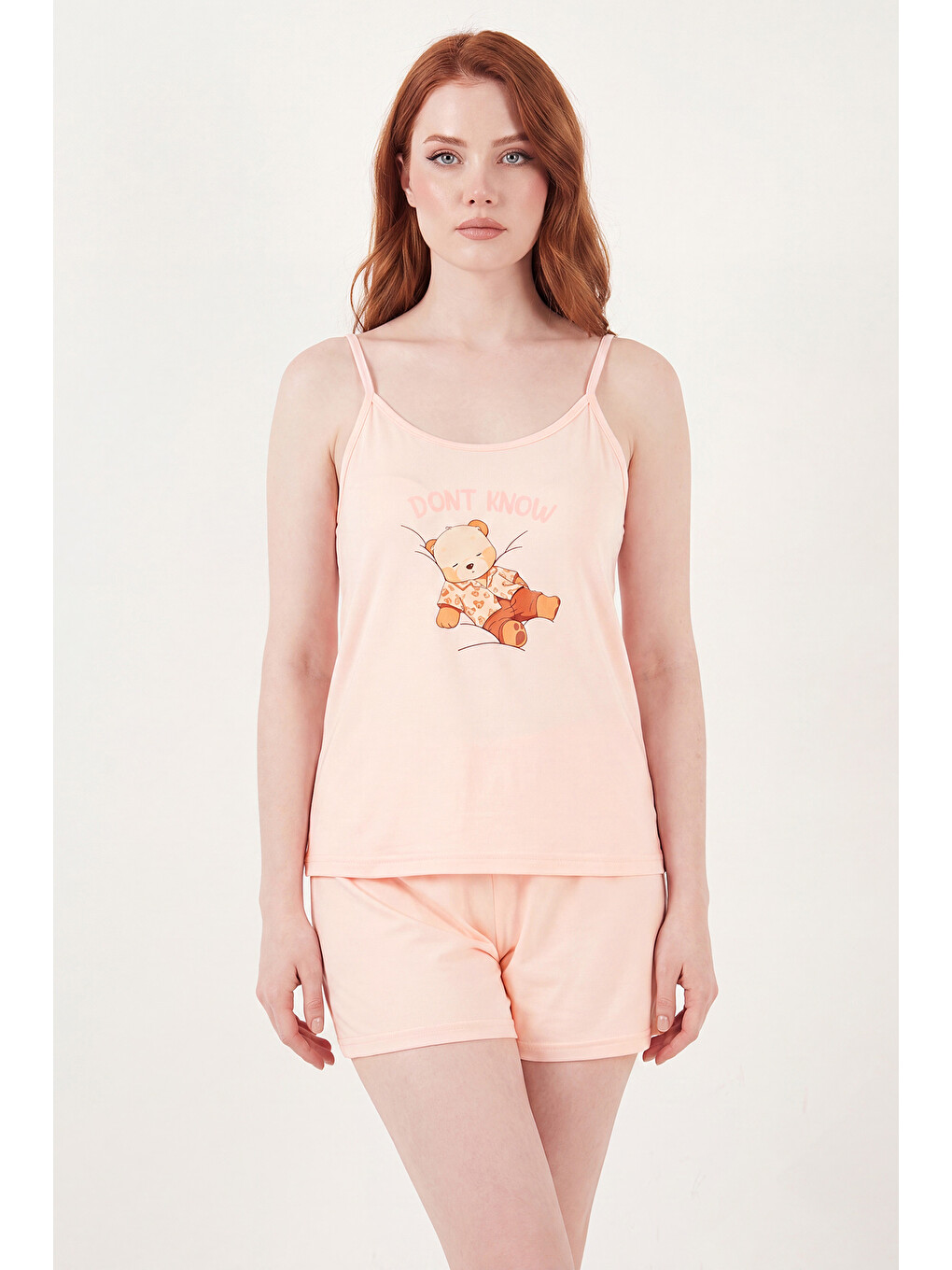 Pembe Yumuşak Dokulu Baskılı İp Askılı Şortlu Pijama Takımı 65750124-1