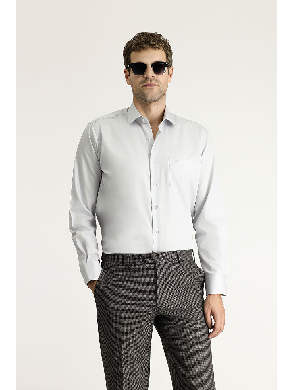 Gri Uzun Kol Non Iron Saten Klasik Pamuklu Gömlek