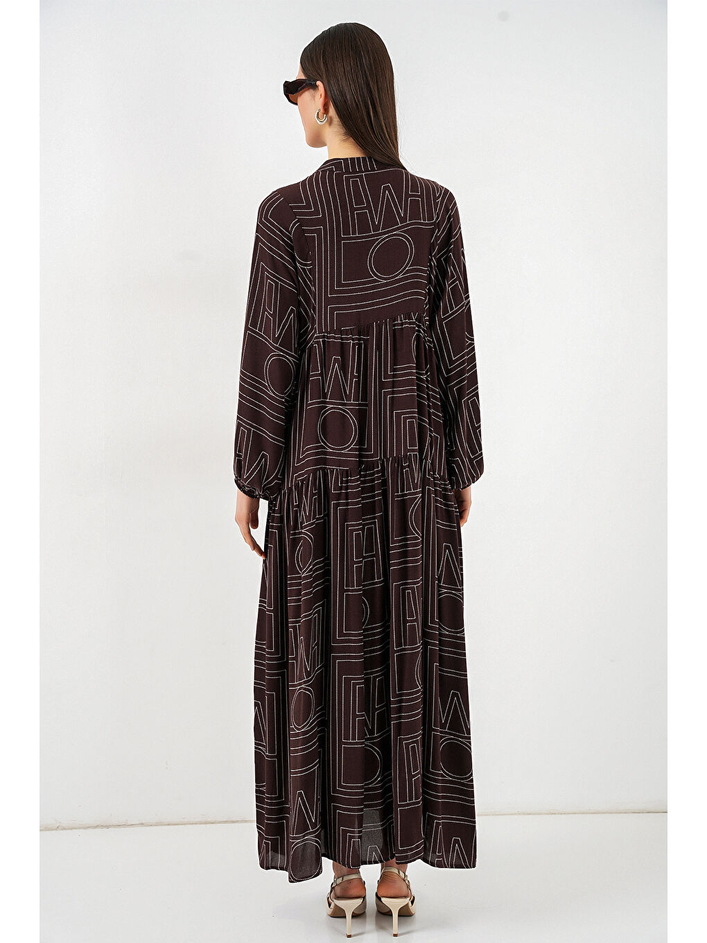 Kahverengi Kadın Desenli Uzun Tesettür Elbise 2585 - Y.Kahve-5