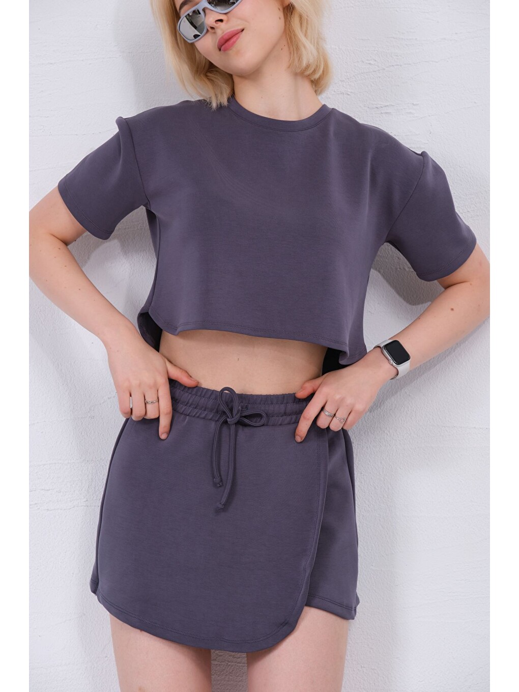 Antrasit Modal Karışımlı Çift Görünümlü Şort Etek – Beli Lastikli Ve Bağcıklı, Örme Kadın Skort @treviso-3