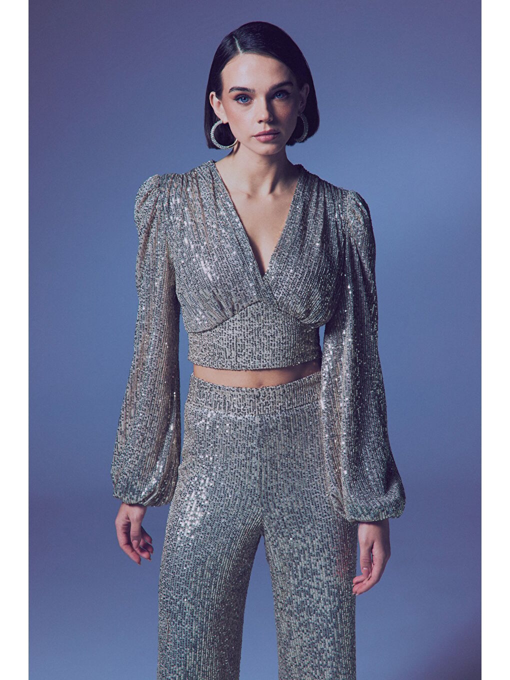 Kruvaze Payetli Crop Bluz - Bej