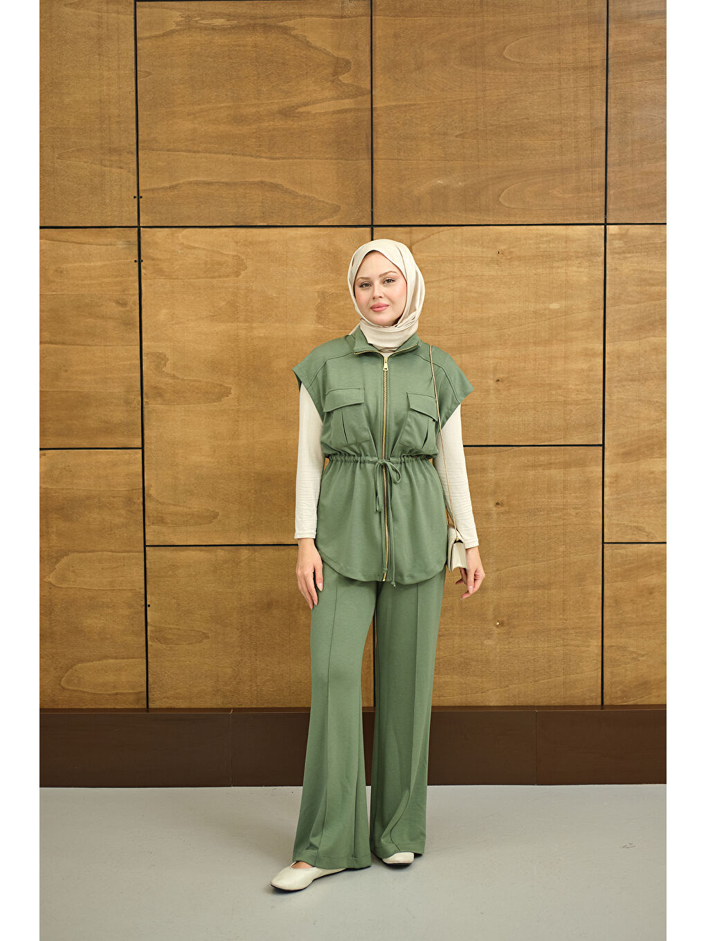 Kadın Beli Ayarlanabilir Gold Fermuar Detay Yelekli Takım Haki Yeşil-2
